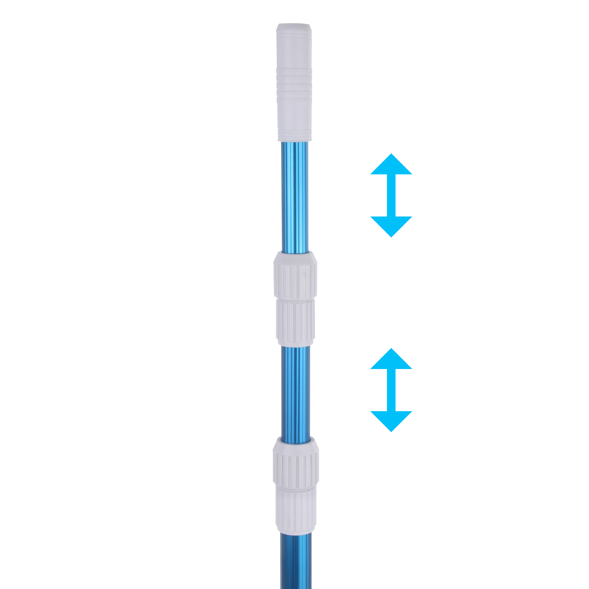 Perche télescopique en aluminium Blueborn PPS-3x80, 3 sections, longueur réglable de 100 à 240 cm, poignées blanches, idéale pour la nettoyage et l’entretien de piscine. Flèches indiquant l’extension.