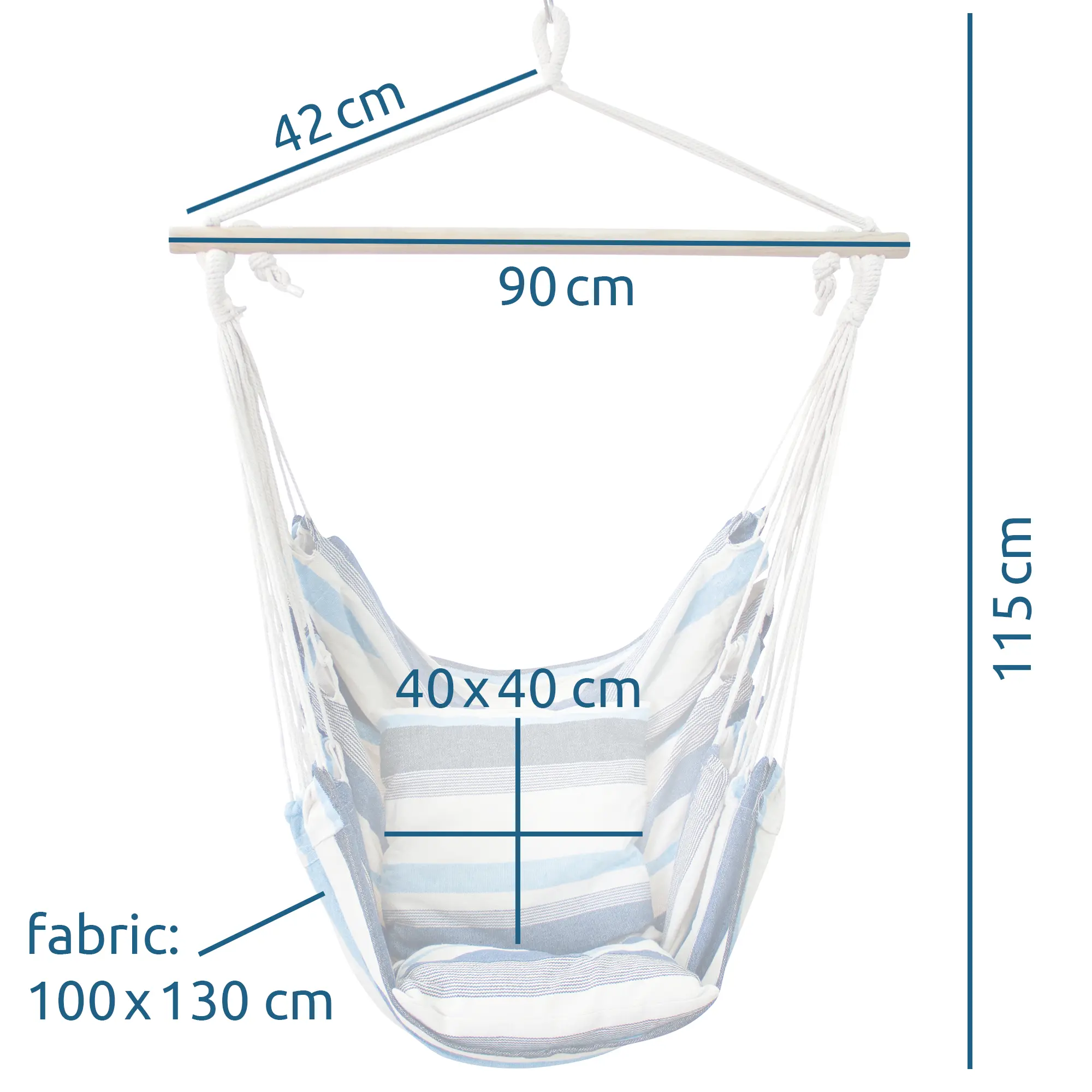 Silla colgante yourGEAR Lombok Aqua con cojines, tela de rayas azul-blanco, medidas: ancho barra 90 cm, alto total 115 cm, tela 100×130 cm, cojín 40×40 cm, soporte 240 kg, ideal para interior y exterior.