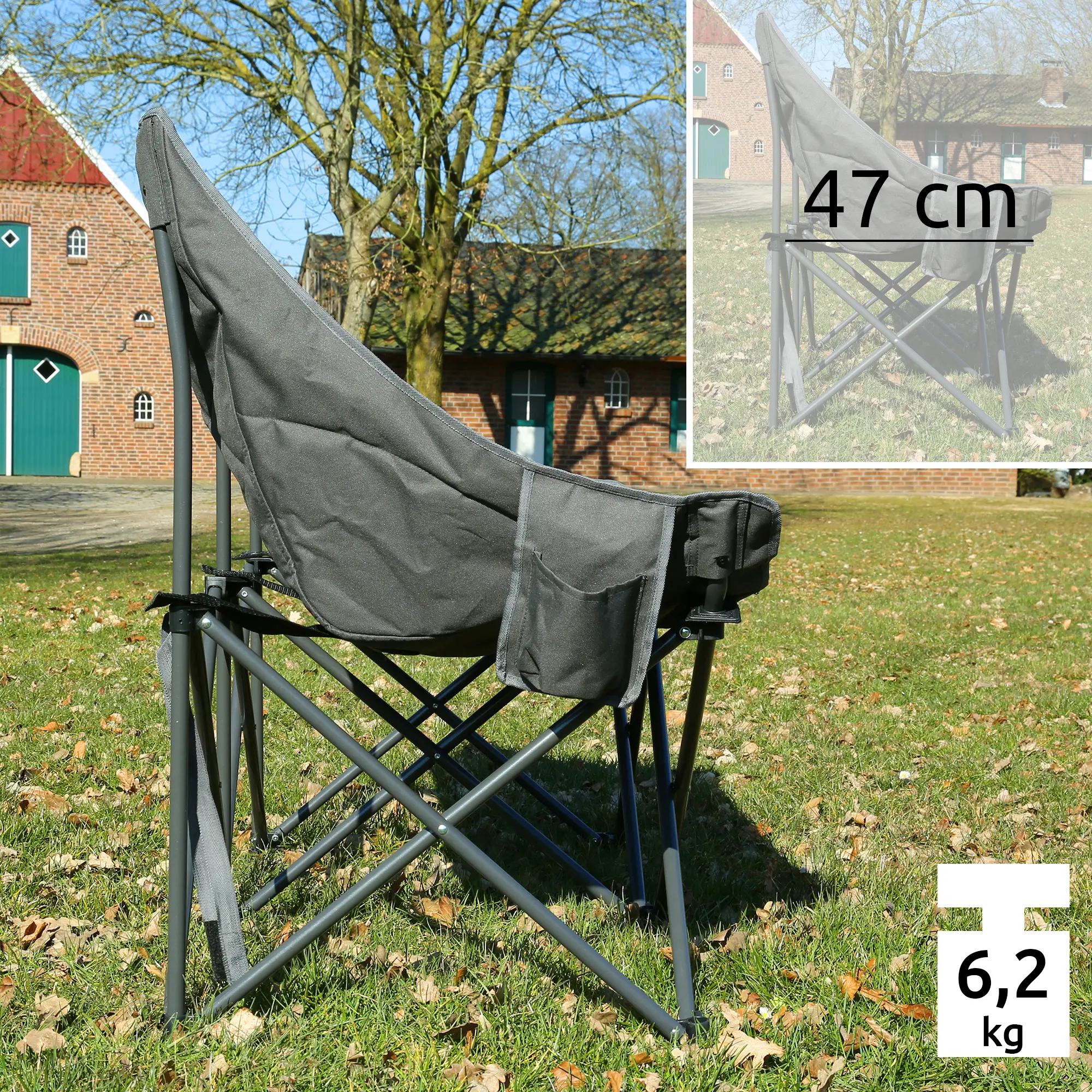 Canapé de camping XXL your GEAR Modena pour 2 personnes, tissu gris rembourré, structure en acier robuste, poches latérales, hauteur d’assise 47 cm, poids 6,2 kg, adapté à l’extérieur, pliable et portable.