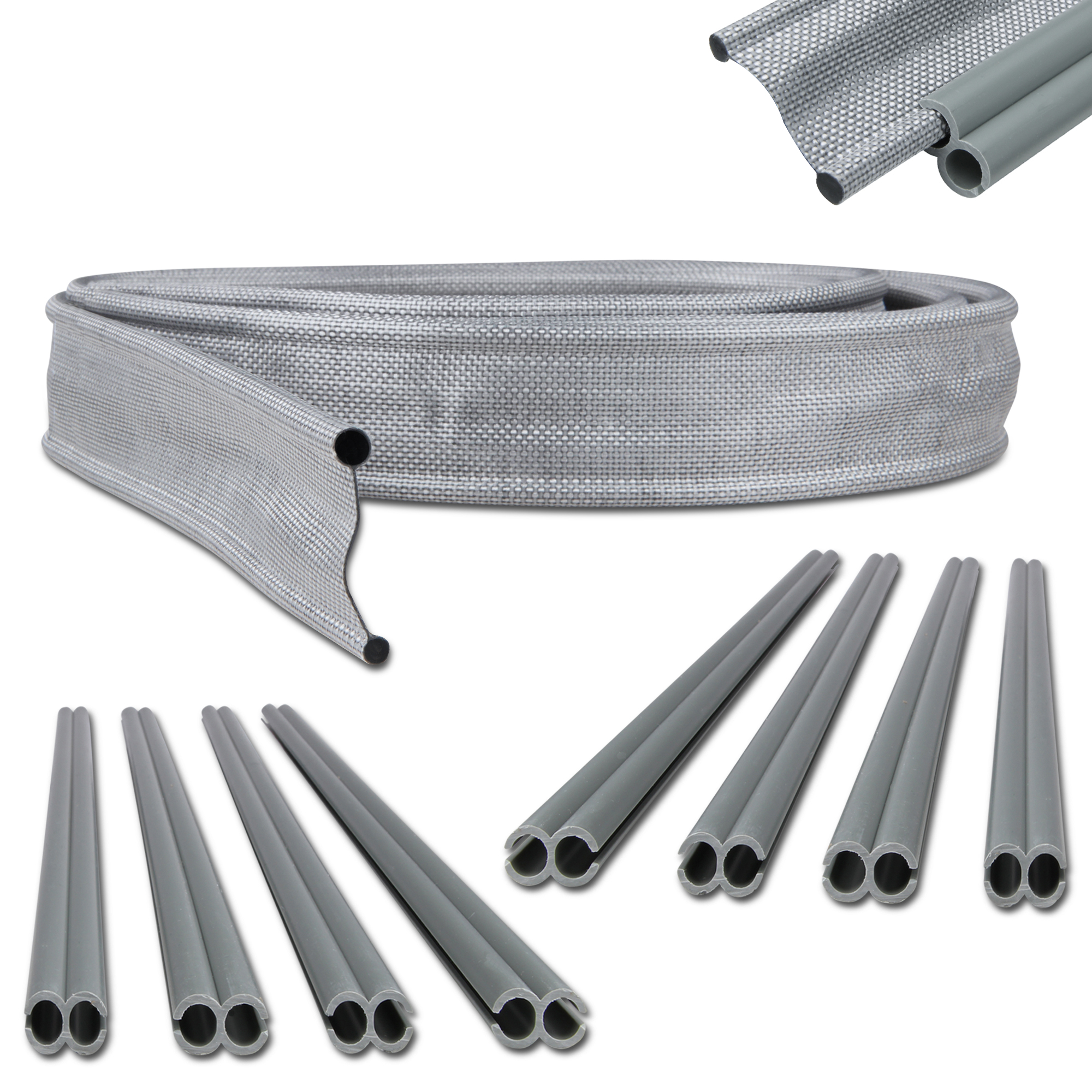 Kit de adaptador Keder your GEAR de 430 cm, incluye una banda textil gris con extremos redondeados y varios tubos de conexión grises, ideal para unir toldos o avances a la marquesina de caravanas.