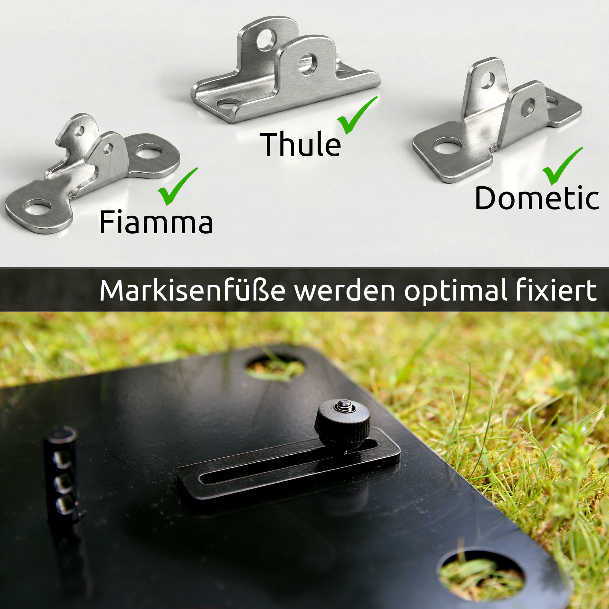 Stainless steel your GEAR Montana anchor plate set for awning feet, three bracket types shown (Fiamma, Thule, Dometic compatible) with mounting holes and reinforced bent tabs for secure camper/caravan awning fixation.