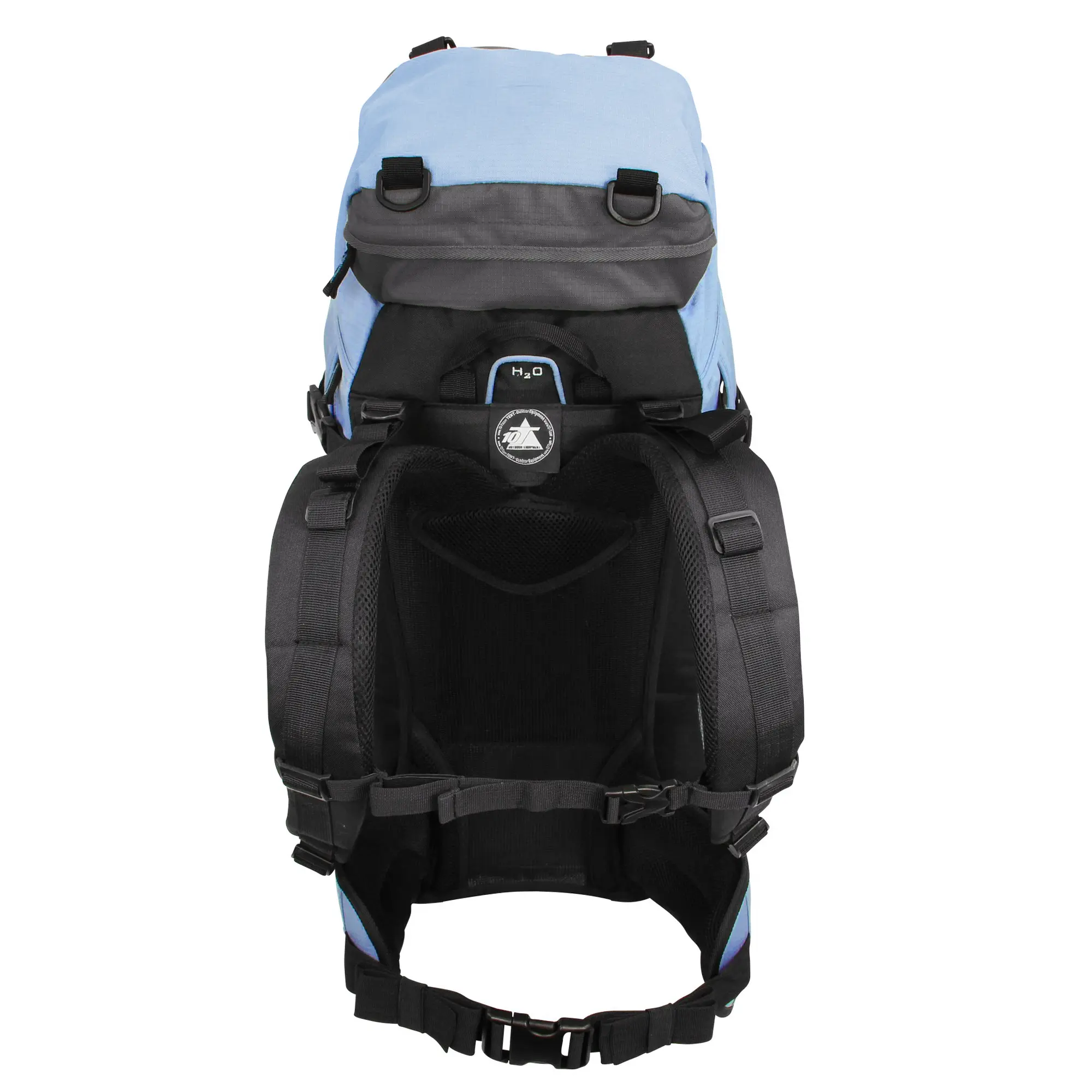 Zaino da trekking 10T Clarke 45L azzurro e nero con spallacci imbottiti, cintura in vita, sistema di idratazione H2O e copertura antipioggia, ideale per escursioni e hiking.