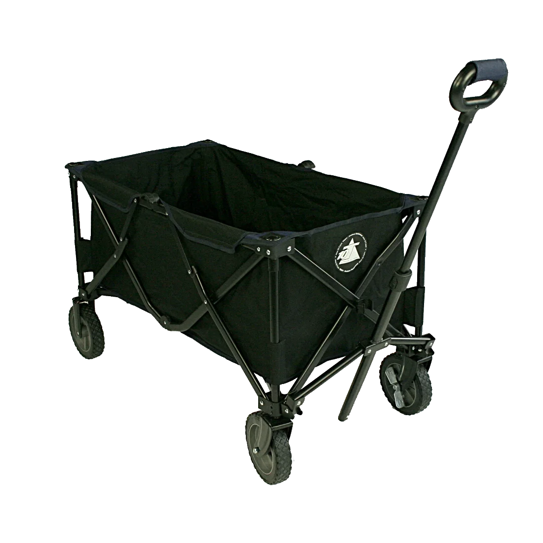 Carro plegable 10T Foldy Trolley XL en color negro, estructura metálica robusta, ruedas grandes y asa extensible, ideal para playa, parque o excursiones; diseño resistente y espacioso con logotipo visible en el lateral.