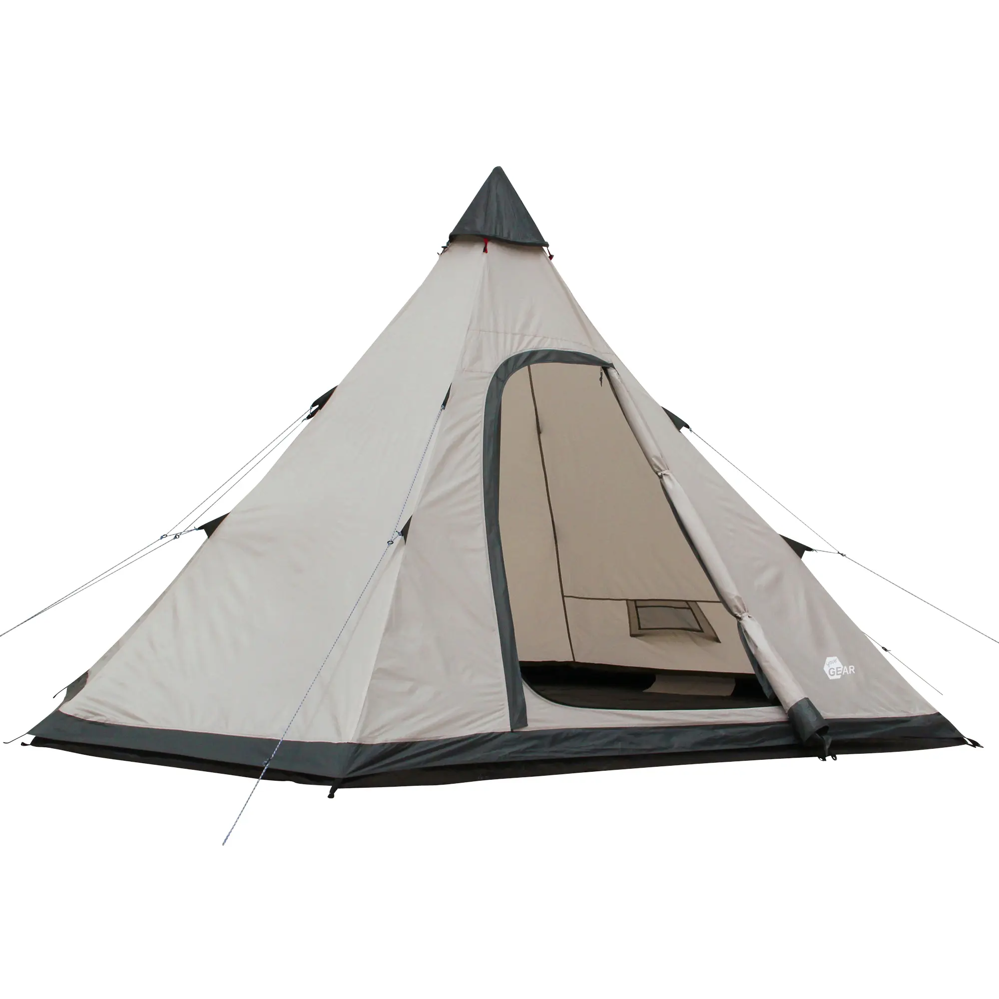 your GEAR Lido 370 tipi tent for 4 people, shown in light grey with dark trim, features a pyramid shape, high ceiling, sewn-in bathtub floor, large entrance, and mesh insect protection. Suitable for camping.