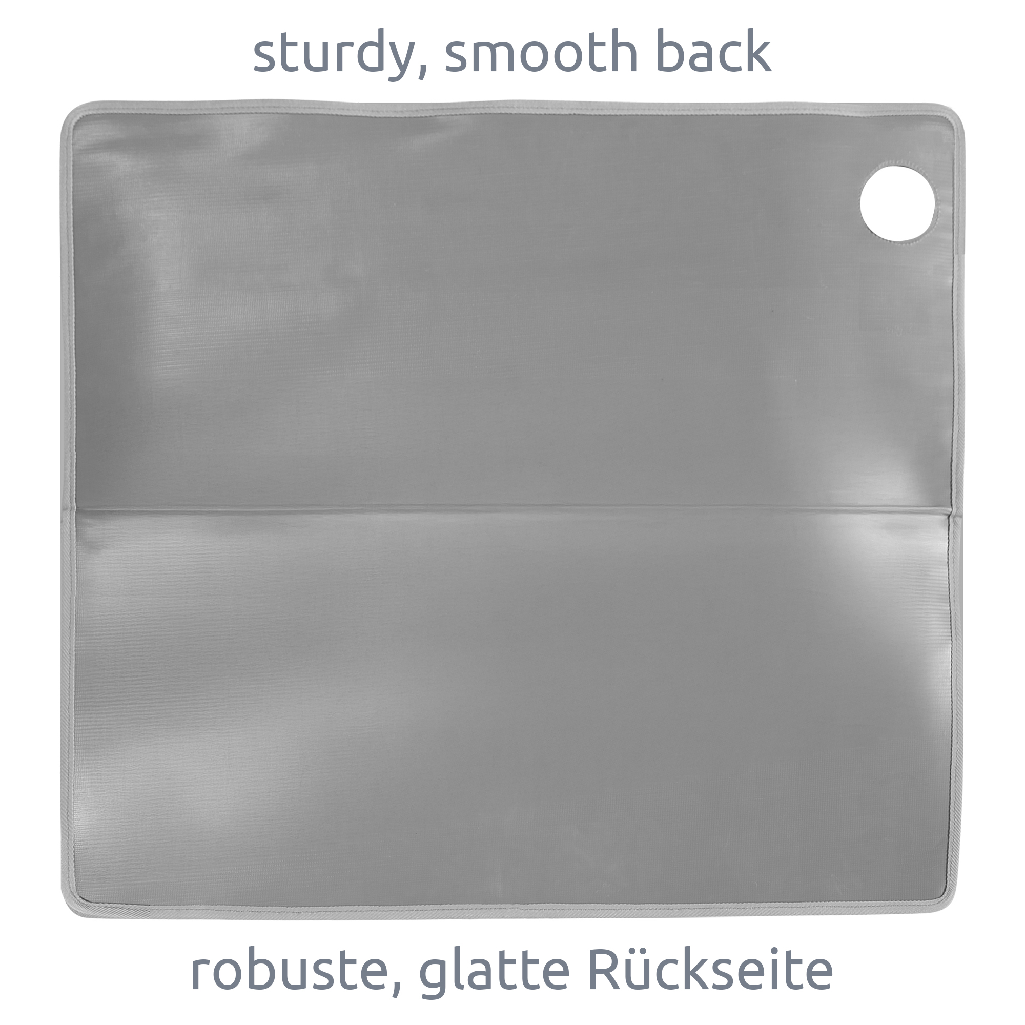 your GEAR Ortles R organizer for van and motorhome rear doors, shown from the back with a sturdy, smooth grey surface and a round cutout in the upper right corner for easy installation.