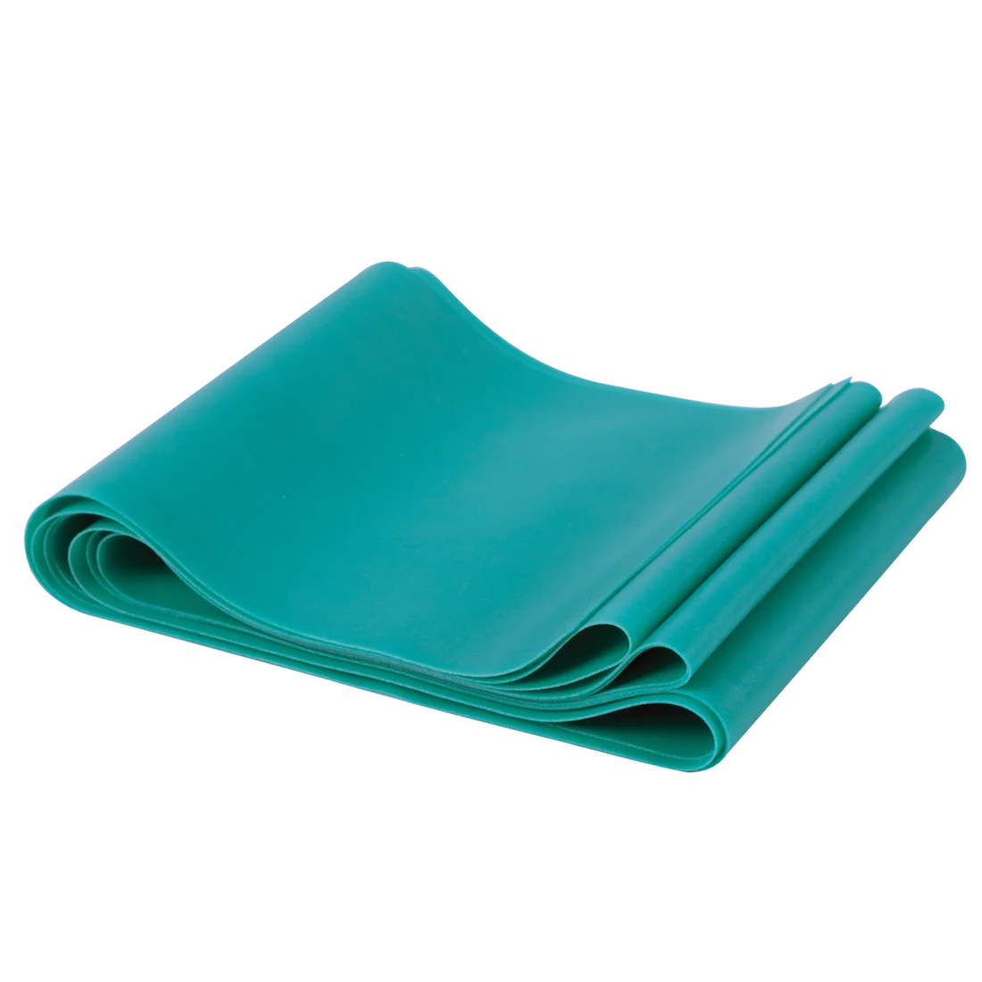 Teal Spirit resistance band, 183x10 cm, latex-free, 13.5 kg resistance, neatly folded. Ideal for strength and rehabilitation training for arms, legs, back, and core. Fitness accessory on black background.