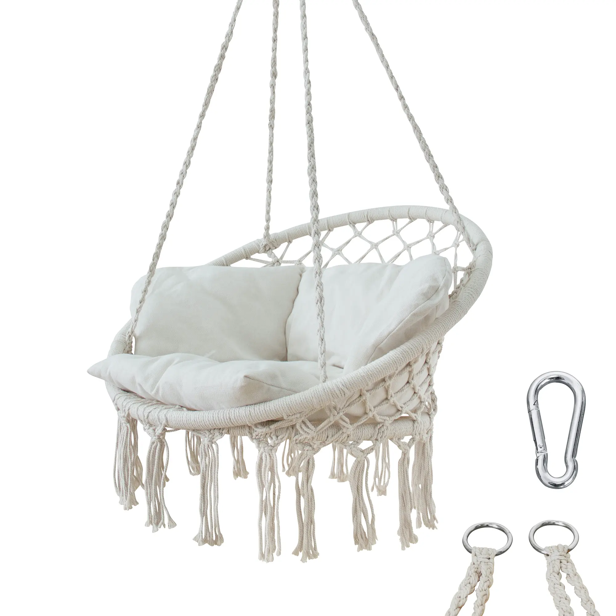 yourGEAR Boracay Sand hanging chair with soft removable cushion, round macramé design, sturdy ropes, and 240kg load capacity, includes metal carabiner and rings for secure indoor or outdoor suspension.