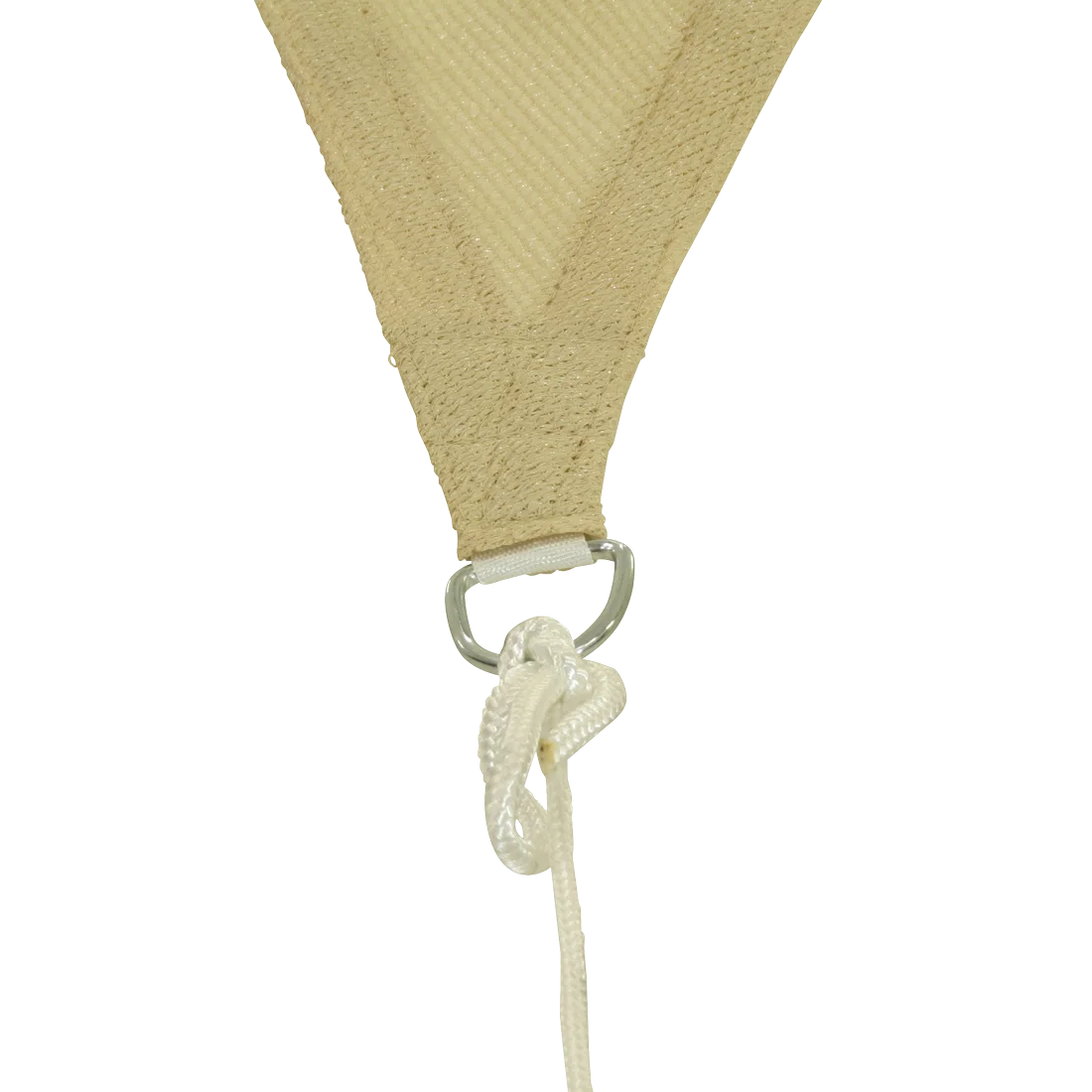 Detalle de la esquina del toldo triangular 10T Emerson de 5m, color beige, con anillo metálico y cuerda blanca para fijación. Material transpirable y resistente, ideal para protección solar exterior.