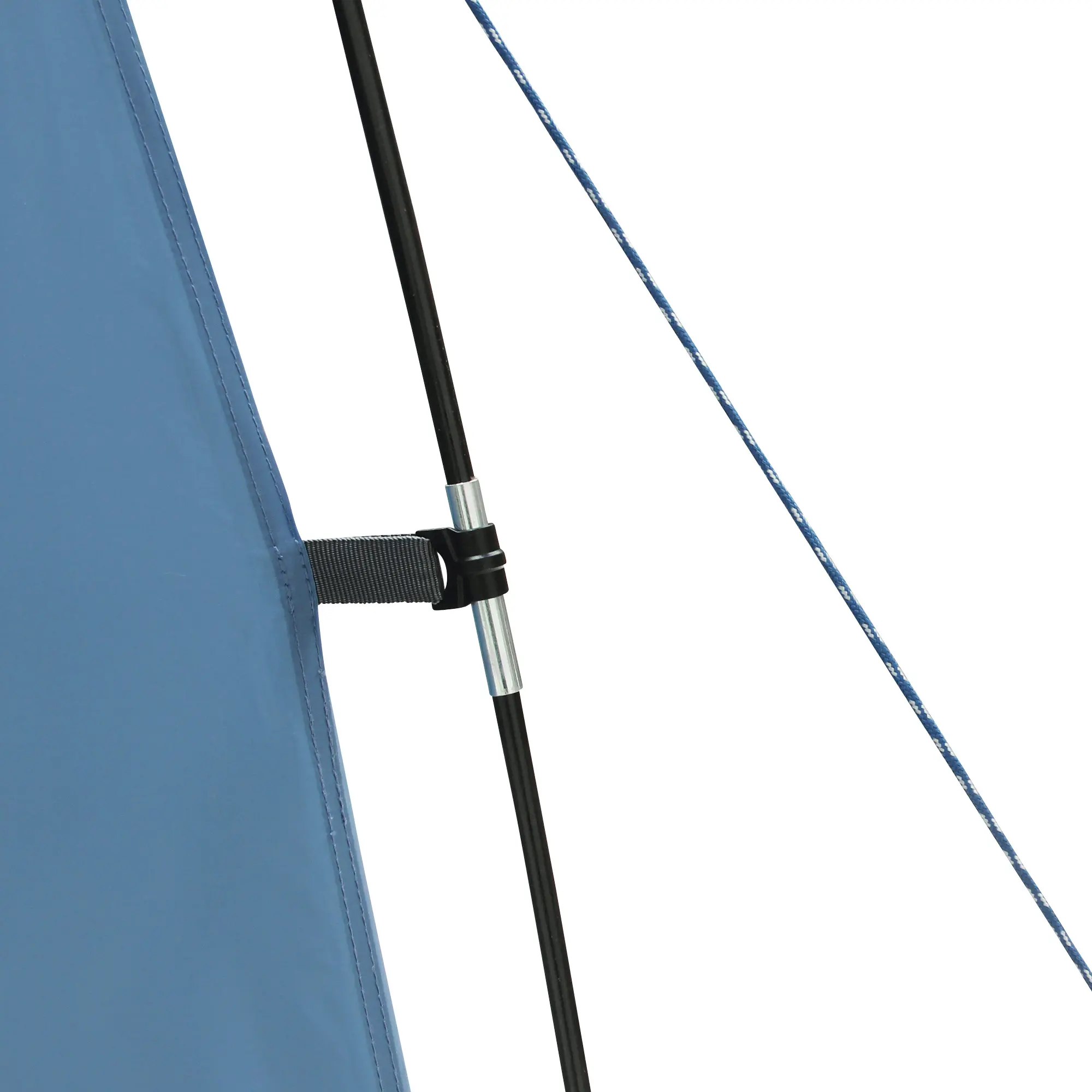 Dettaglio della struttura del your GEAR Aquila Duschzelt: palo in fibra di vetro con giunto metallico, tessuto blu impermeabile, cinghia di fissaggio e corda di tensione per maggiore stabilità del tenda multifunzione.