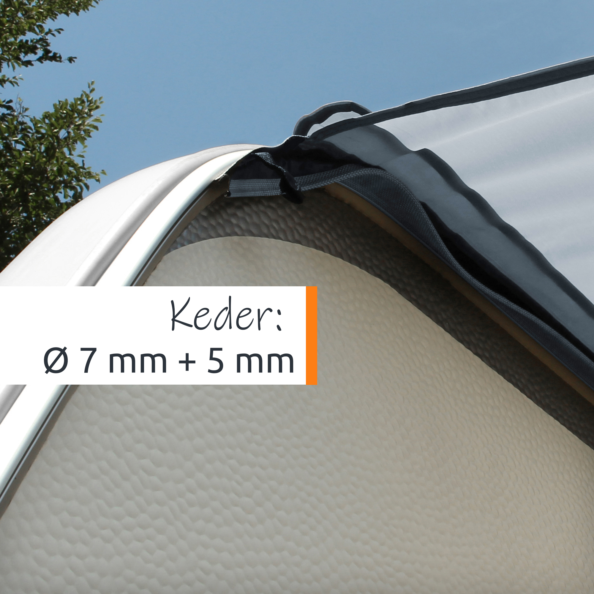 Close-up of grey your GEAR Cavoli tarp attached to a caravan awning rail, showing reinforced hem, 7mm and 5mm keder edging, UV-resistant fabric and stitched tie loops against a caravan side and blue sky.