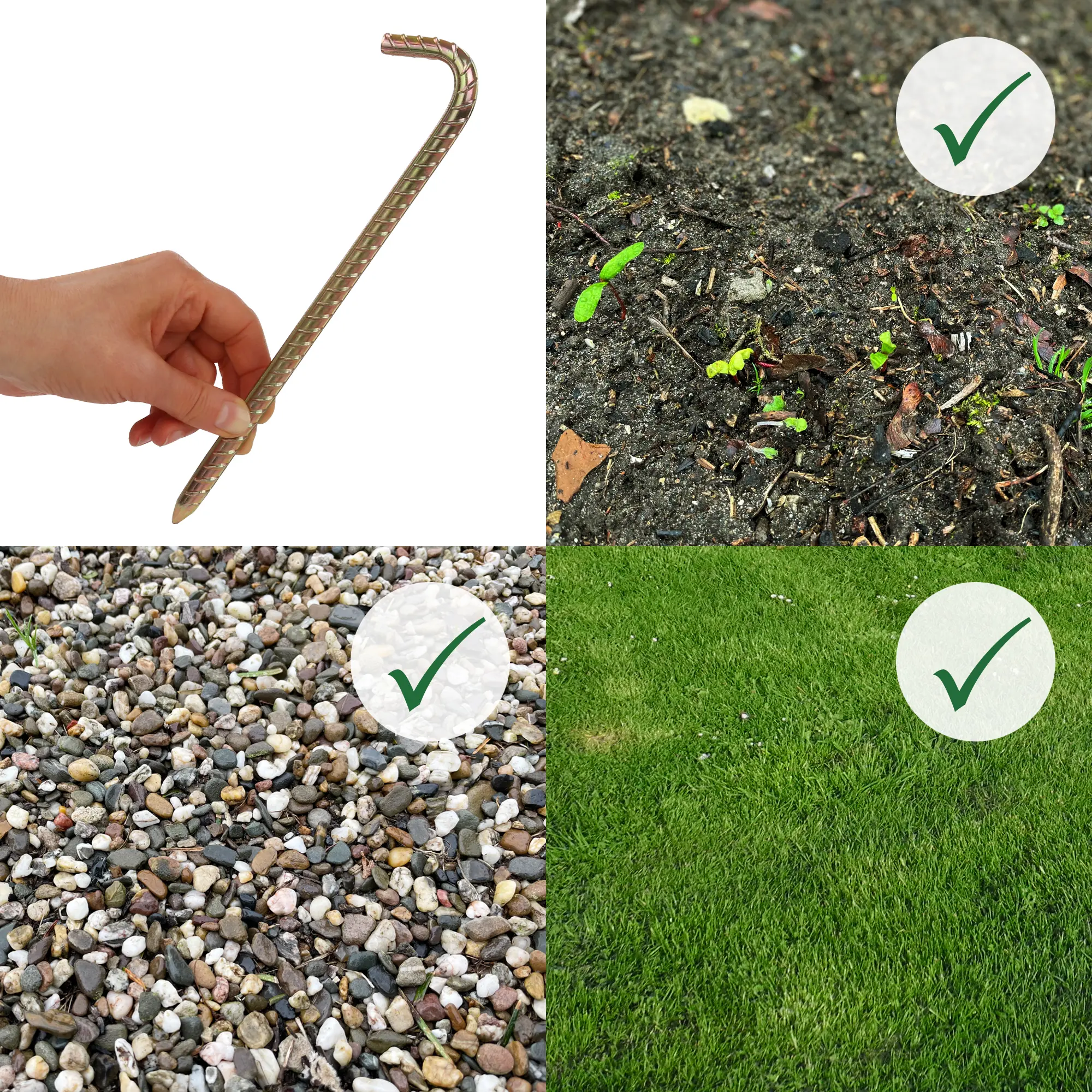 Estaca de acero your GEAR RX 250 de 25 cm y 10 mm de grosor, con refuerzo de nervaduras, adecuada para tierra, césped y grava. Imagen muestra mano sosteniendo la estaca y ejemplos de uso en diferentes suelos.