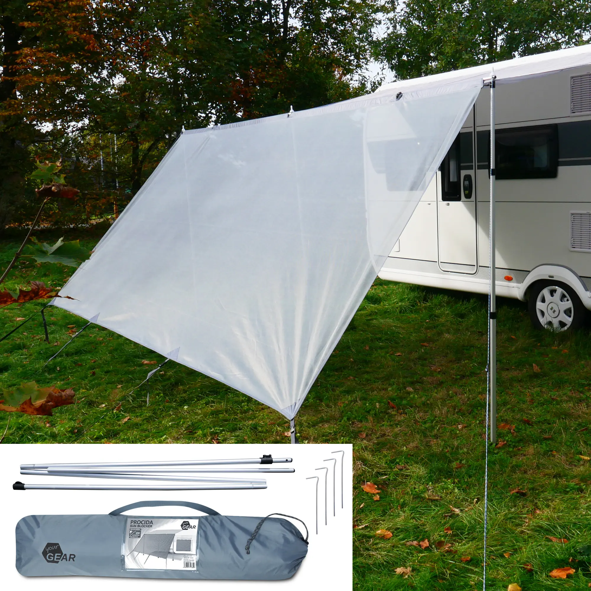 your GEAR Procida sun blocker front wall 300x200 cm mounted on a caravan canopy, shown with poles, pegs, and storage bag; offers sun and privacy protection for camping and outdoor use.