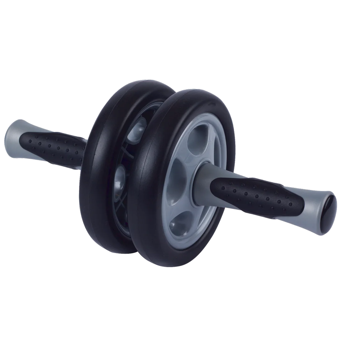 Spirit Dual Wheel Ab Toner Bauchtrainer mit zwei schwarzen Rollen und rutschfesten Griffen, ideal zum Training der Bauch- und Rückenmuskulatur, geeignet für Anfänger und Profis.