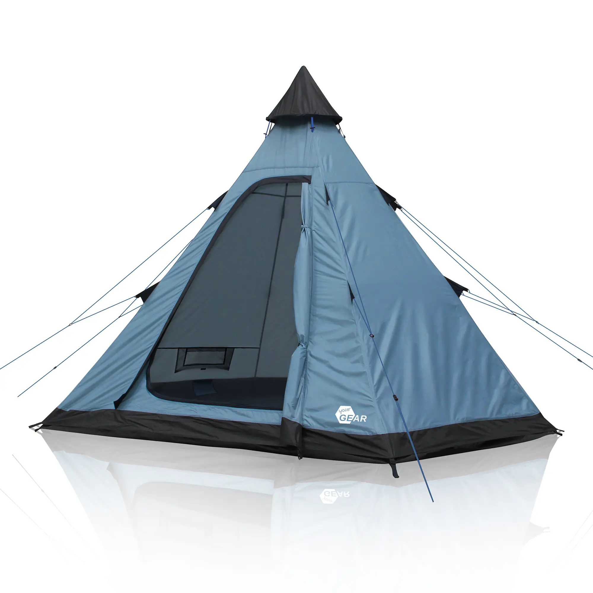 Blaues your GEAR Lido 290 Tipi-Zelt für 3 Personen, mit Stehhöhe, eingenähtem Boden, Insektenschutz und Abspannleinen; große Eingangstür, wasserdicht bis 5000 mm, reflektierende Details sichtbar.