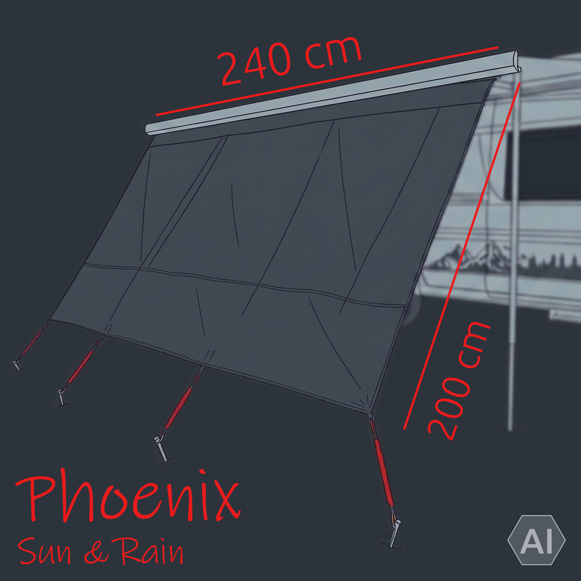 your GEAR Phoenix Sun & Rain Markisenvorderwand 240x200 cm in dunklem Silver-Black-Mesh mit abgewinkelten Befestigungsstangen, Spanngurten und Wetterschutz-Cover, passend zur Campingmarkise, rechteckige Frontfläche, Maße hervorgehoben.