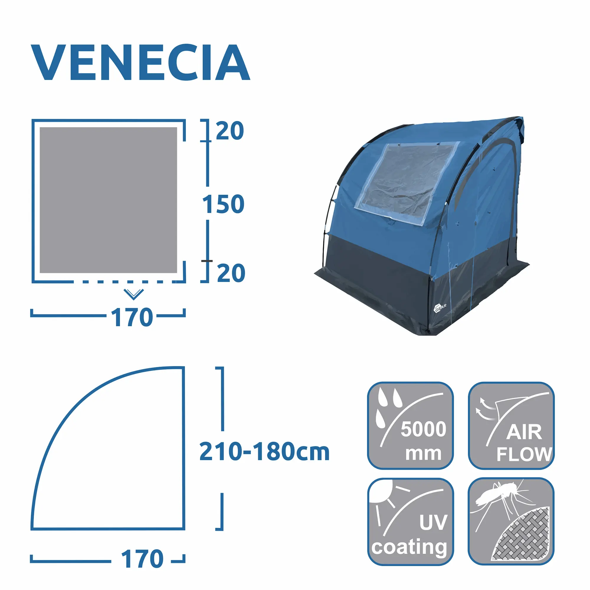 Carpa trasera azul your GEAR Venecia para caravana, 190x170cm, con ventana, suelo incluido, impermeable 5000mm, ventilación, protección UV y mosquitera. Ideal como tienda de cocina o almacenamiento.