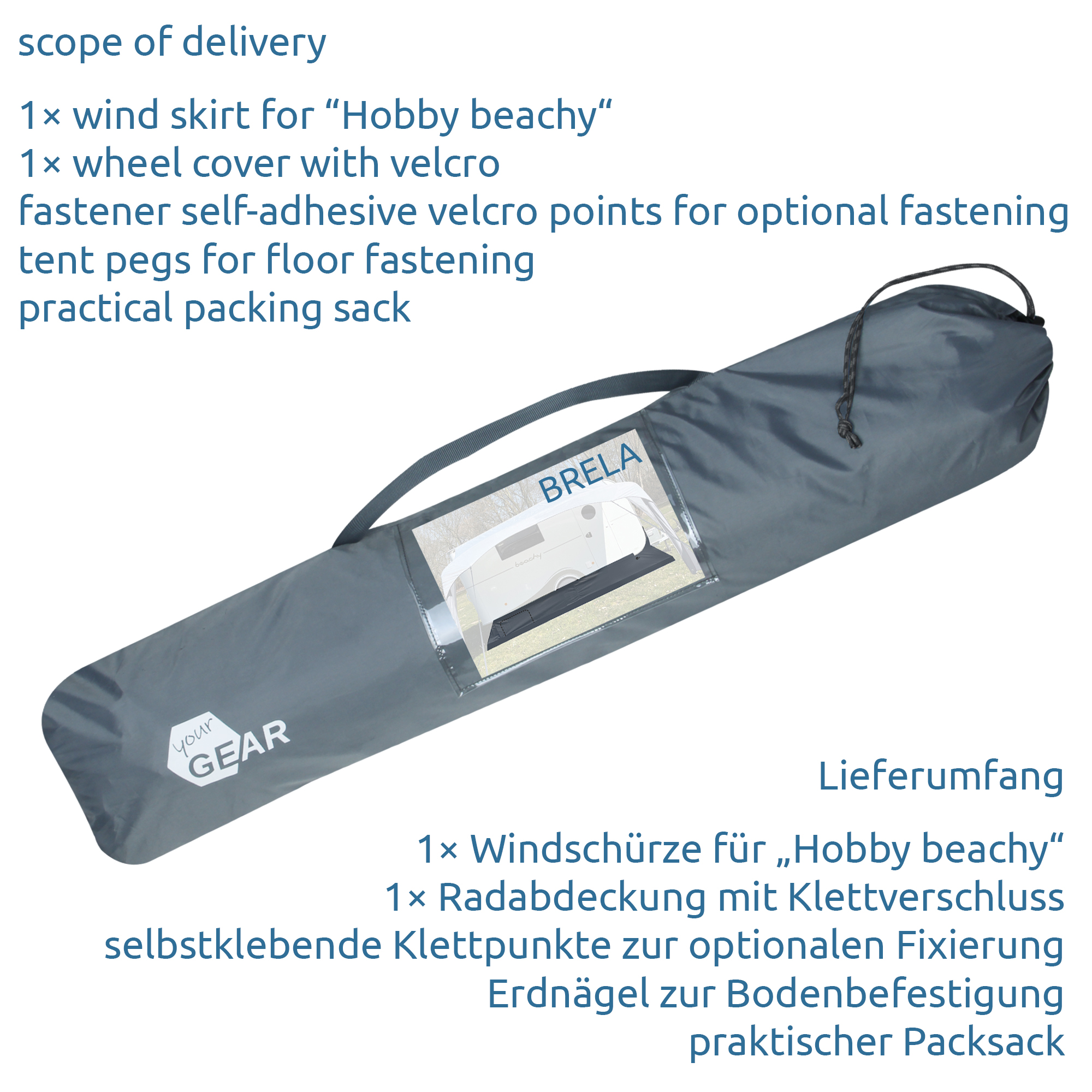 Graue Transporttasche mit your GEAR Logo, darin verpackte Bodenschürze Brela für Hobby Beachy 450 Wohnwagen. Sichtbares Produktbild und Tragegriff, Text zum Lieferumfang mit Windschürze, Radabdeckung und Zubehör.
