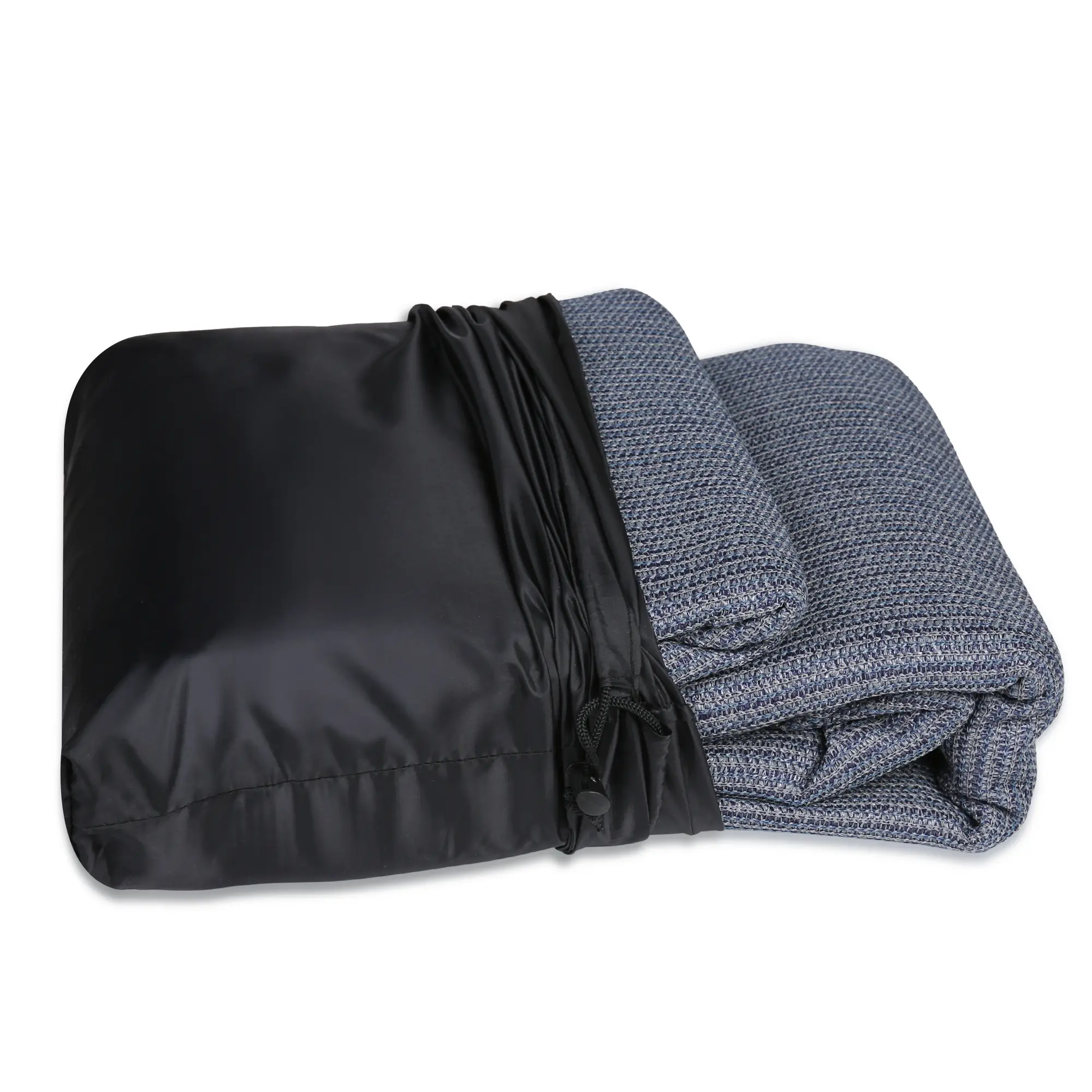 your GEAR Toskana 250 x 300 cm HDPE awning carpet in grey-blue, shown folded next to a black carrying bag, durable and weather-resistant, ideal for camping and outdoor use.