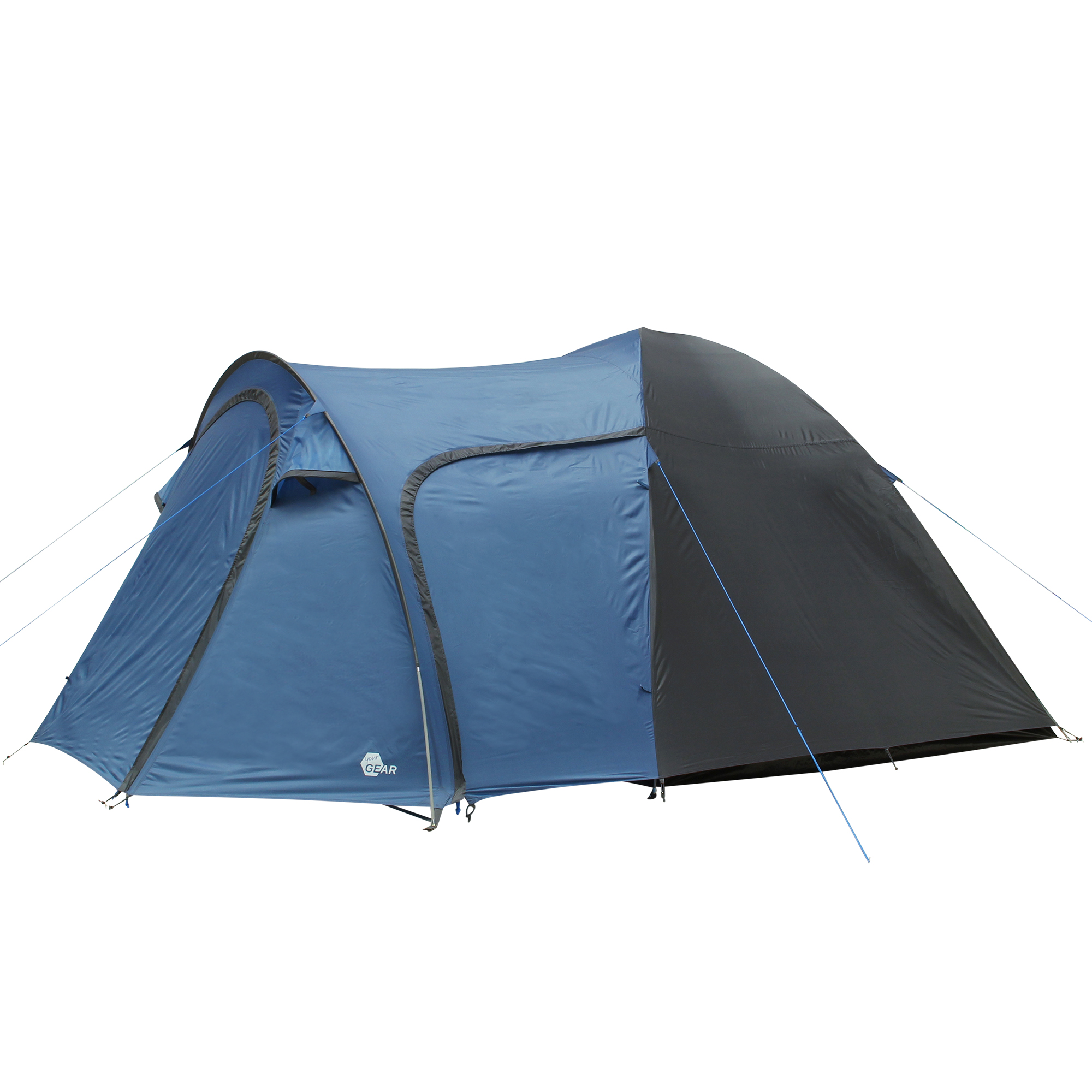your GEAR Cetona 4 person dome tent in blue and grey, features a large vestibule, side entrance, standing height of 165 cm, and waterproof material, ideal for family camping and outdoor events.