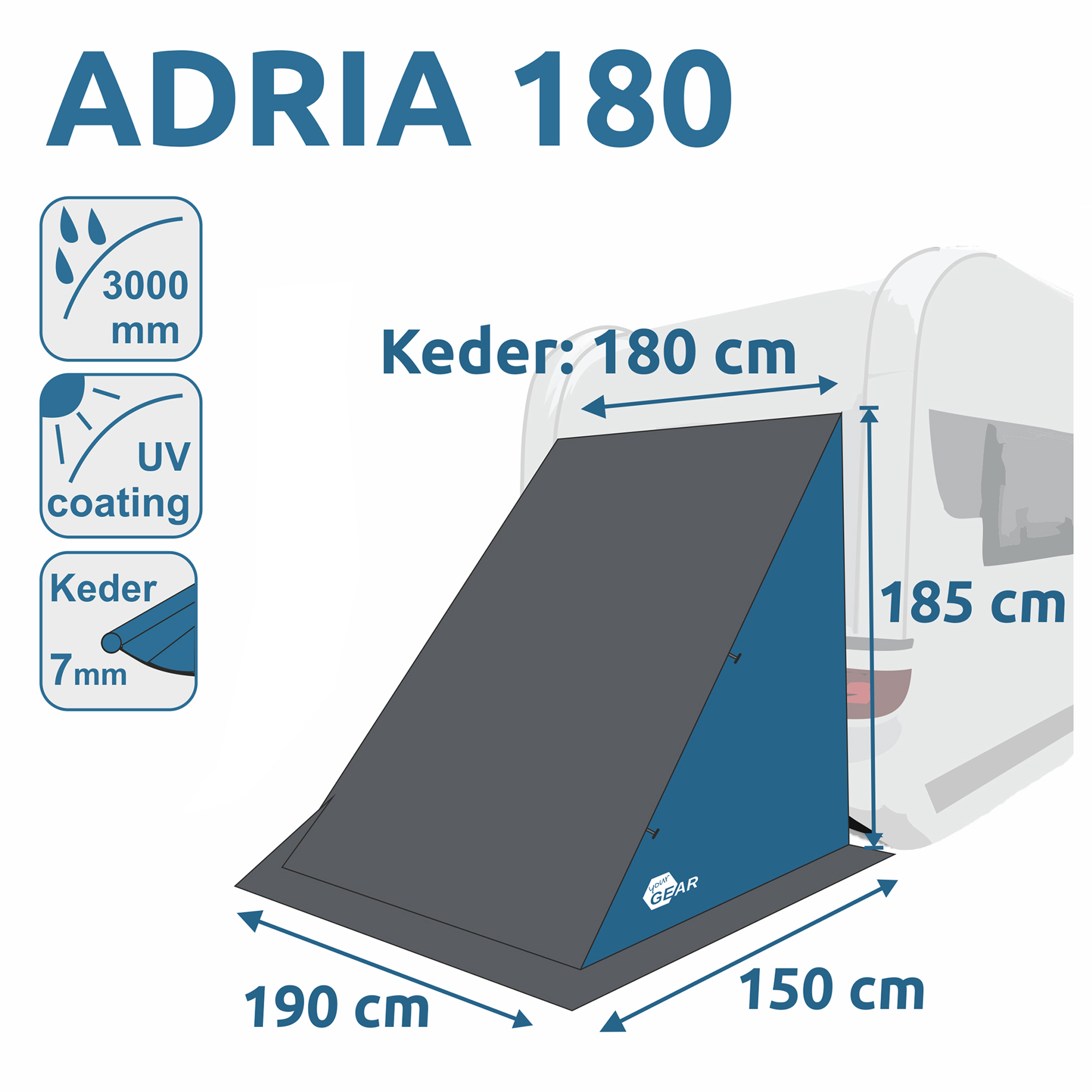 Abri arrière your GEAR Adria 180 pour caravane, dimensions 190x150x185 cm, étanchéité 3000 mm, protection UV, jonc 7 mm, montage sur rail de caravane, idéal pour stockage extérieur.