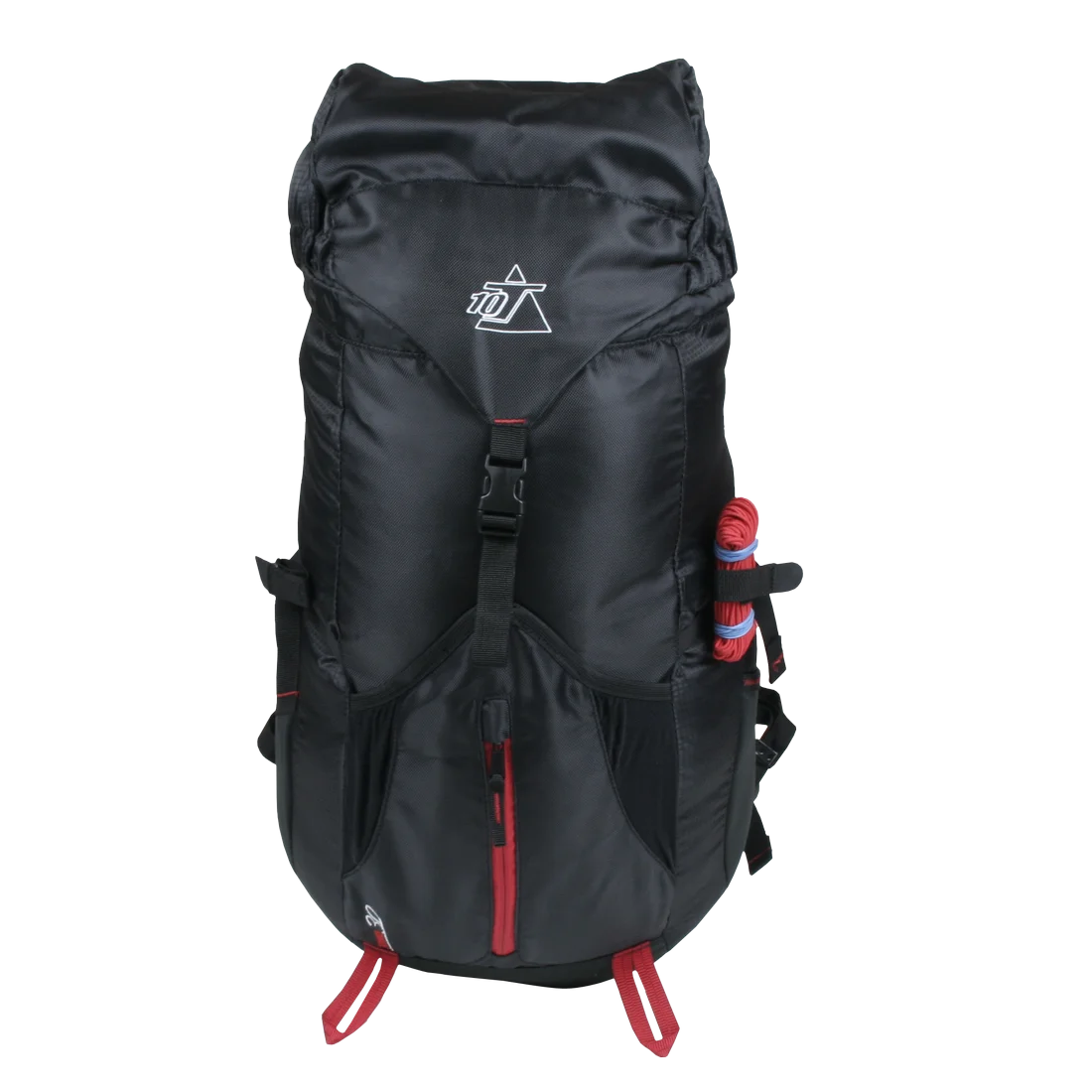 10T Towa 30L hiking backpack in black with red accents, front buckle, side mesh pockets, and attached gear. Features top flap, ergonomic design, and durable material, ideal for trekking and day hikes.