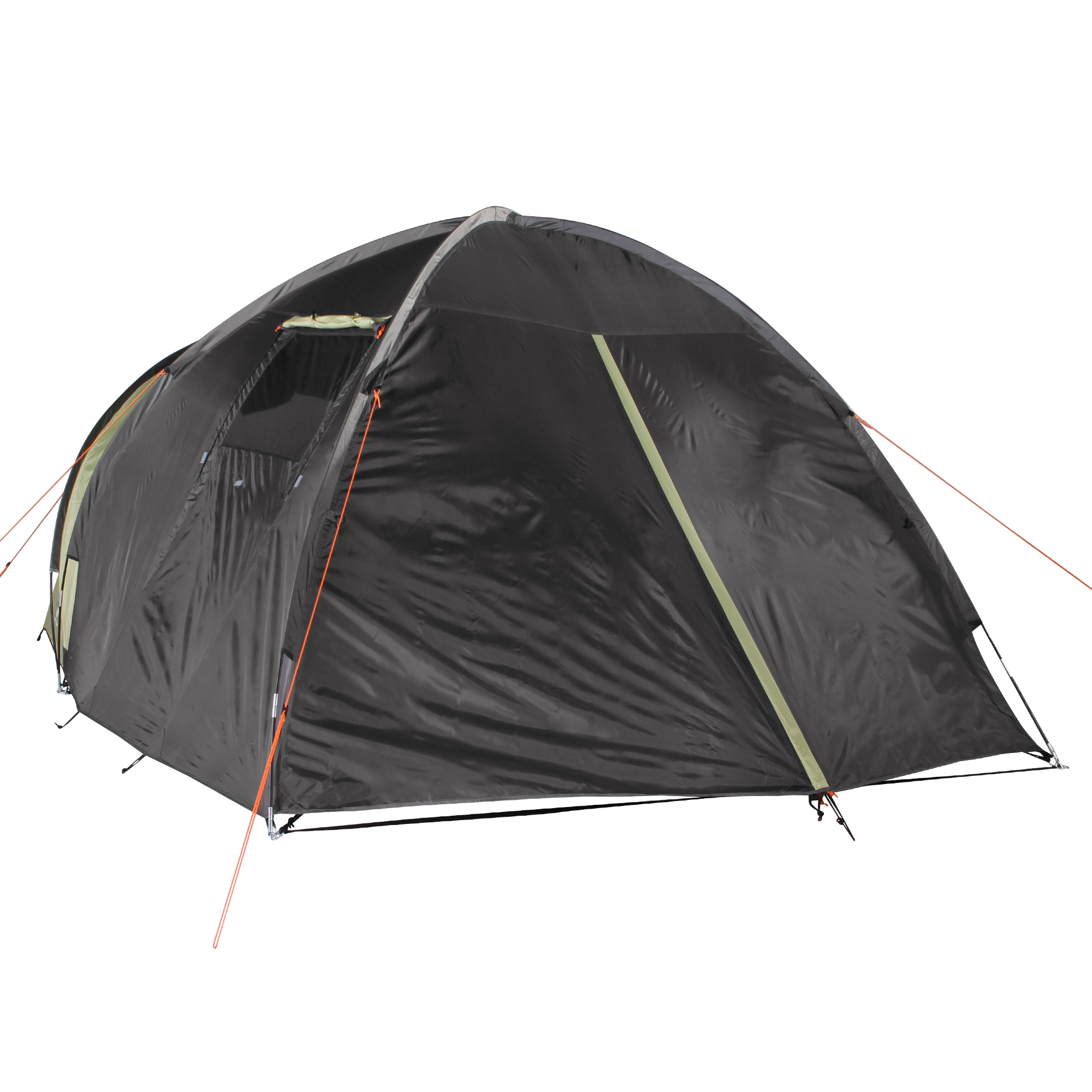 Grünes 10T Glenhill Beechnut 4-Personen-Kuppelzelt mit großen Fenstern, wasserdichtem Polyester (5000mm), abgedunkeltem XXL-Schlafbereich und orangefarbenen Abspannleinen, ideal für Familien-Camping.