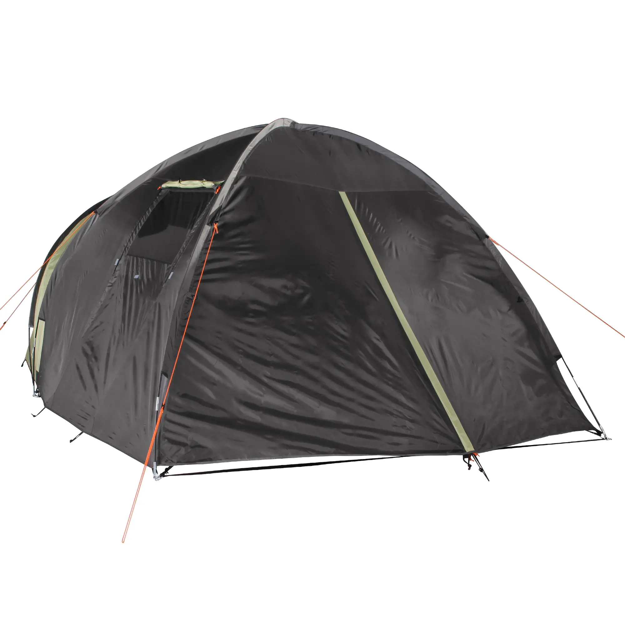 Grünes 10T Glenhill Beechnut 4-Personen-Kuppelzelt mit großen Fenstern, wasserdichtem Polyester (5000mm), abgedunkeltem XXL-Schlafbereich und orangefarbenen Abspannleinen, ideal für Familien-Camping.