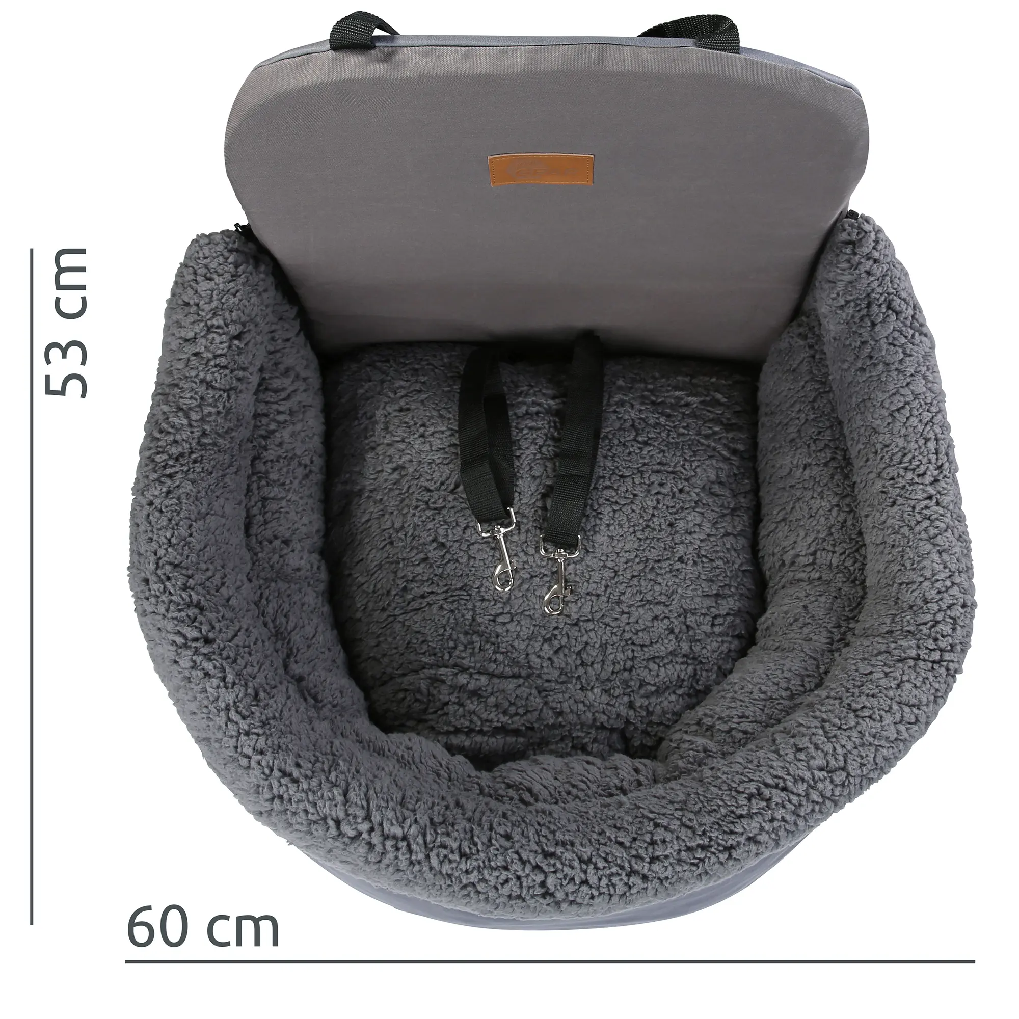 Siège auto pour chien your GEAR Frontera, rembourré gris, avec bords surélevés, deux laisses réglables intégrées, dimensions 60x53 cm, adapté aux sièges avant et arrière de voiture.