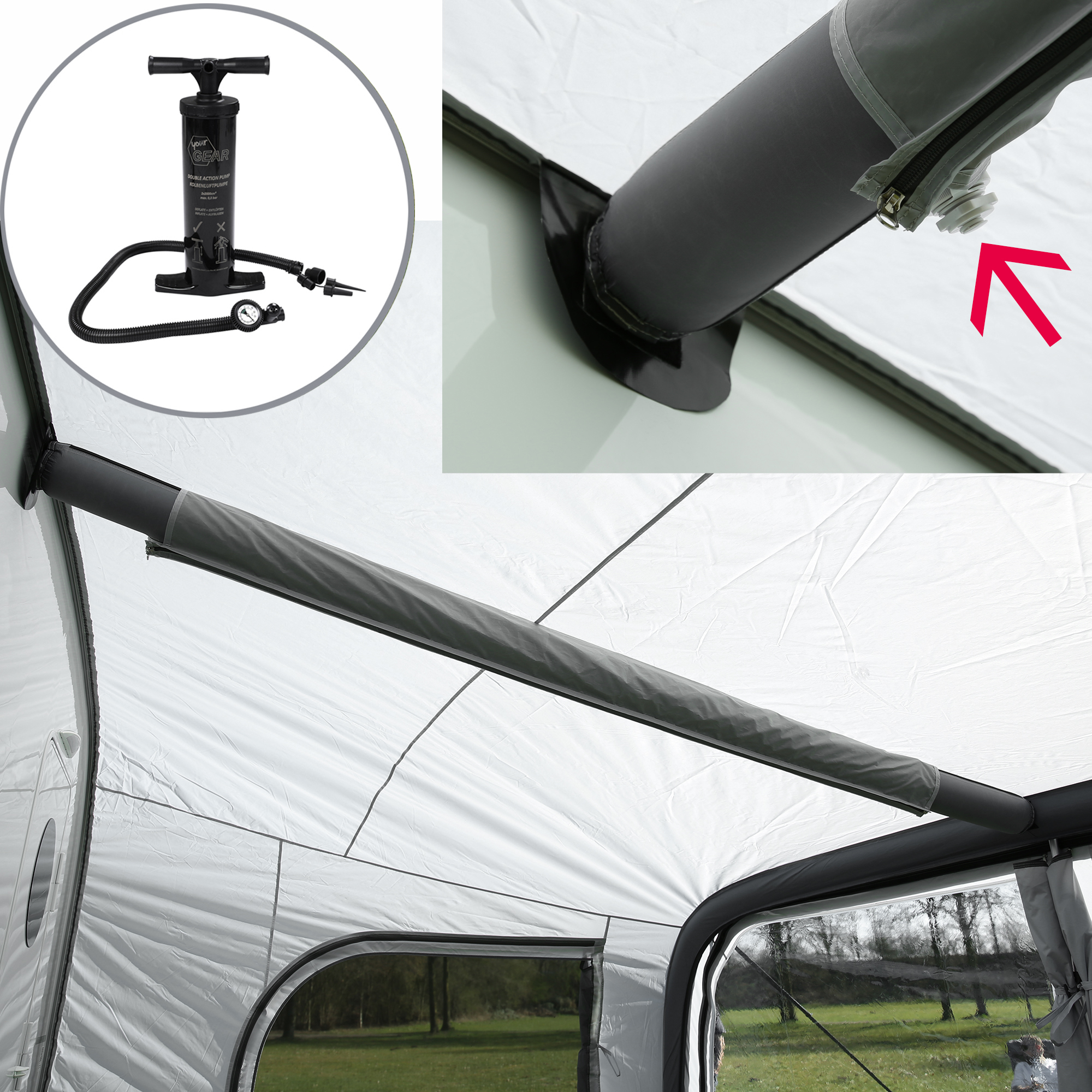 Aufblasbares Zeltgestänge im Inneren eines Zeltes, Detailansicht eines Ventils mit Reißverschluss und Abbildung einer Handpumpe mit Manometer.