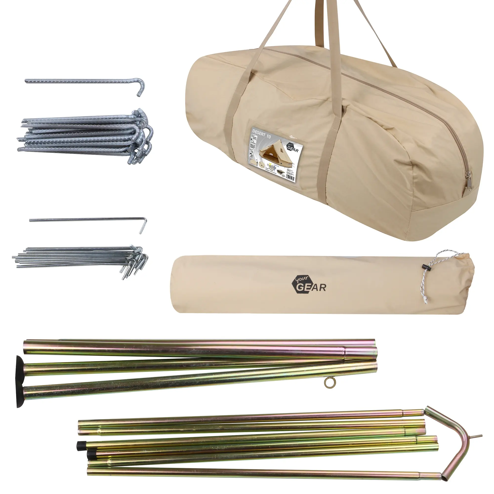 your GEAR Desert 10 Pro UV50+ cotton tipi tent set with beige carry bag, smaller bag for poles, metal tent poles, and pegs; suitable for 6-10 people, ideal for family camping and scouting.