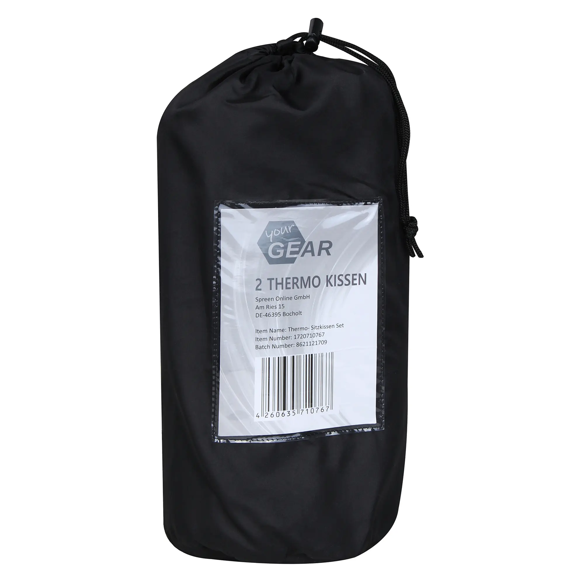 yourGEAR 2x self-inflating thermal seat cushion set in a black drawstring bag, product label visible on the front, ideal for camping or travel, compact and portable, size 40x30x3.5 cm.