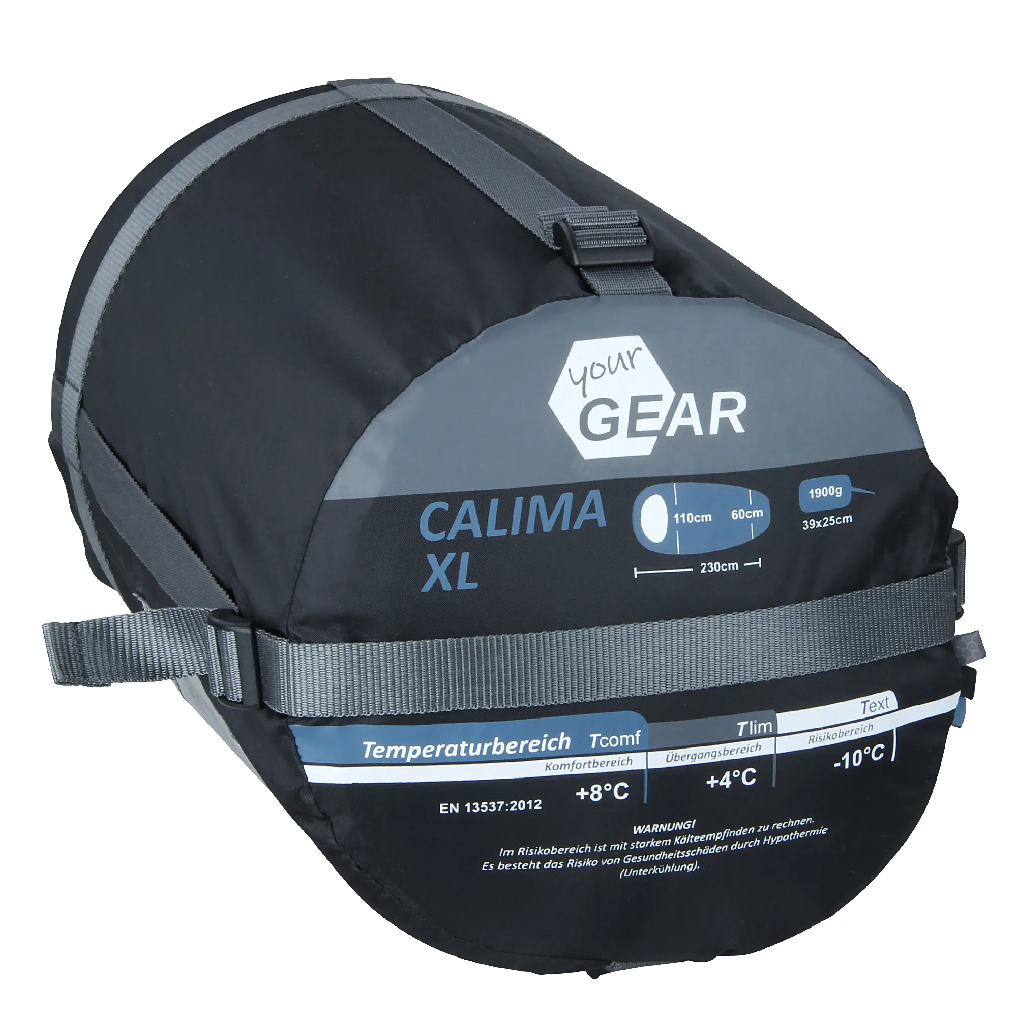 yourGEAR Campingschlafsack Calima XL im Kompressionspacksack, blau-grau, Maße 230x110 cm, Temperaturbereich bis -10°C, extra breit, mit Logo und technischen Angaben auf der Vorderseite.