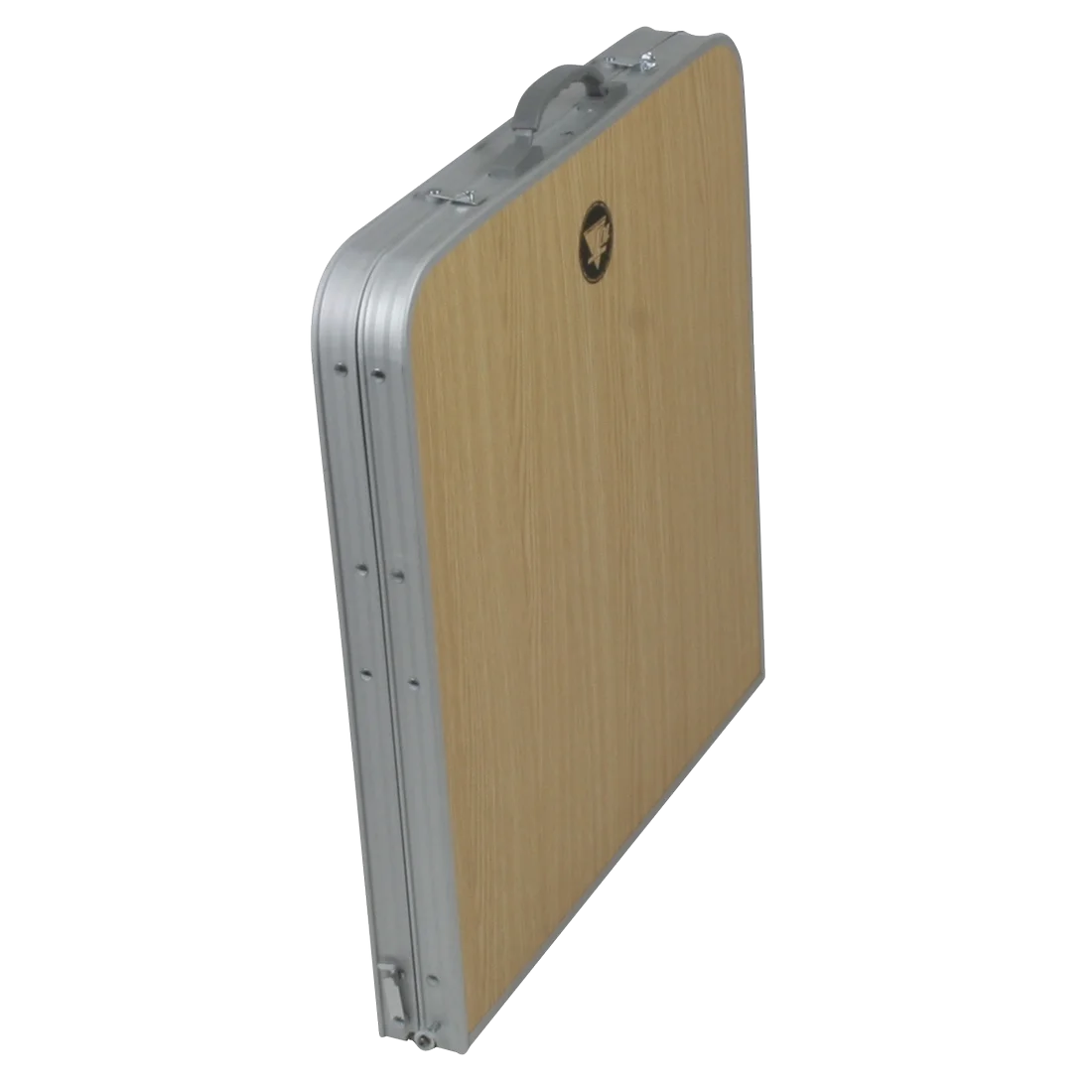 Table de camping pliable 10T Portable Family en aluminium, aspect bois clair, format valise avec poignée de transport, compact et pratique pour 4 personnes, idéal pour pique-nique ou camping.