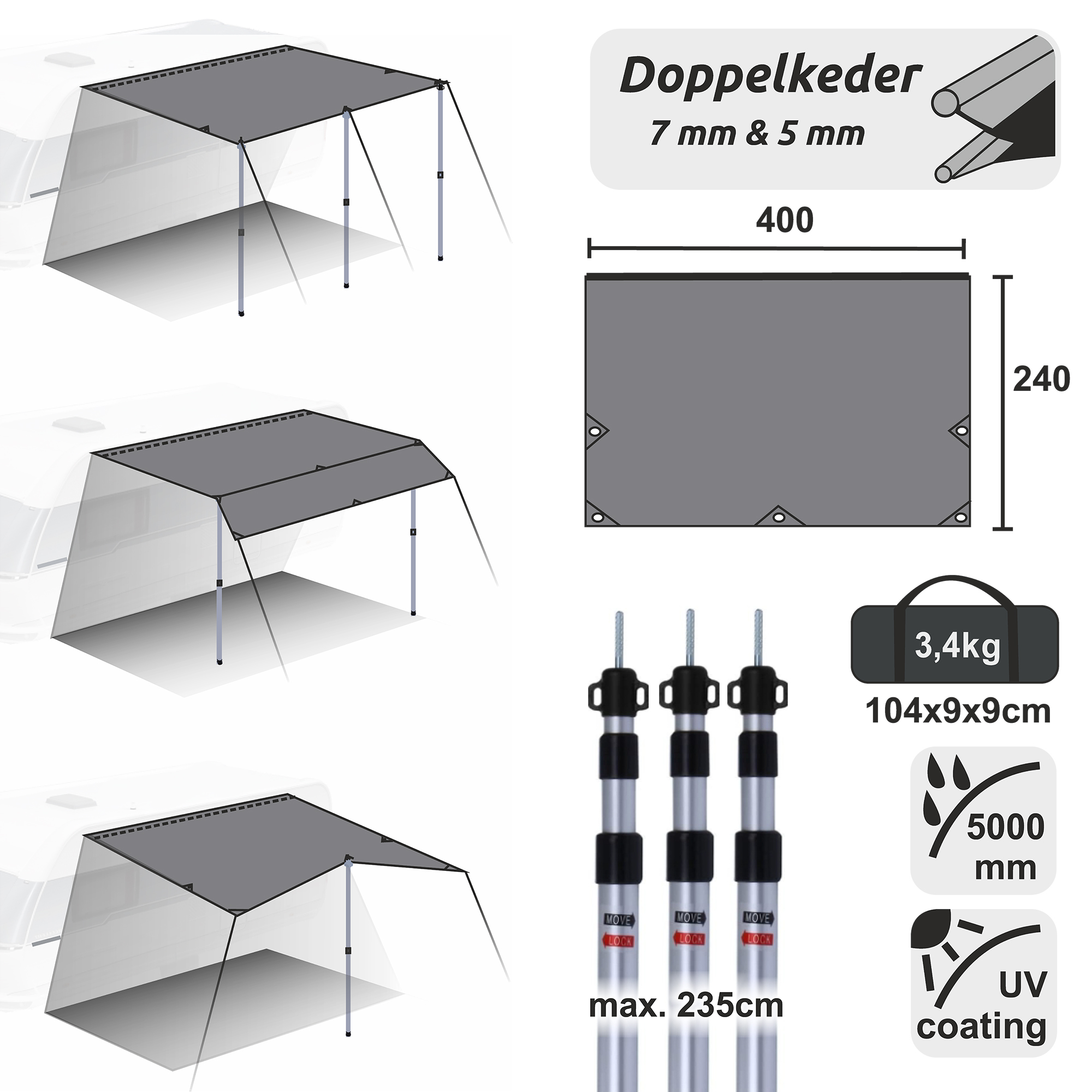 Toldo para caravana yourGEAR 4x2,4 m, color gris, con 3 postes telescópicos de aluminio, doble keder 7 y 5 mm, protección UV 50+, impermeable 5000 mm, peso 3,4 kg, bolsa de transporte incluida.