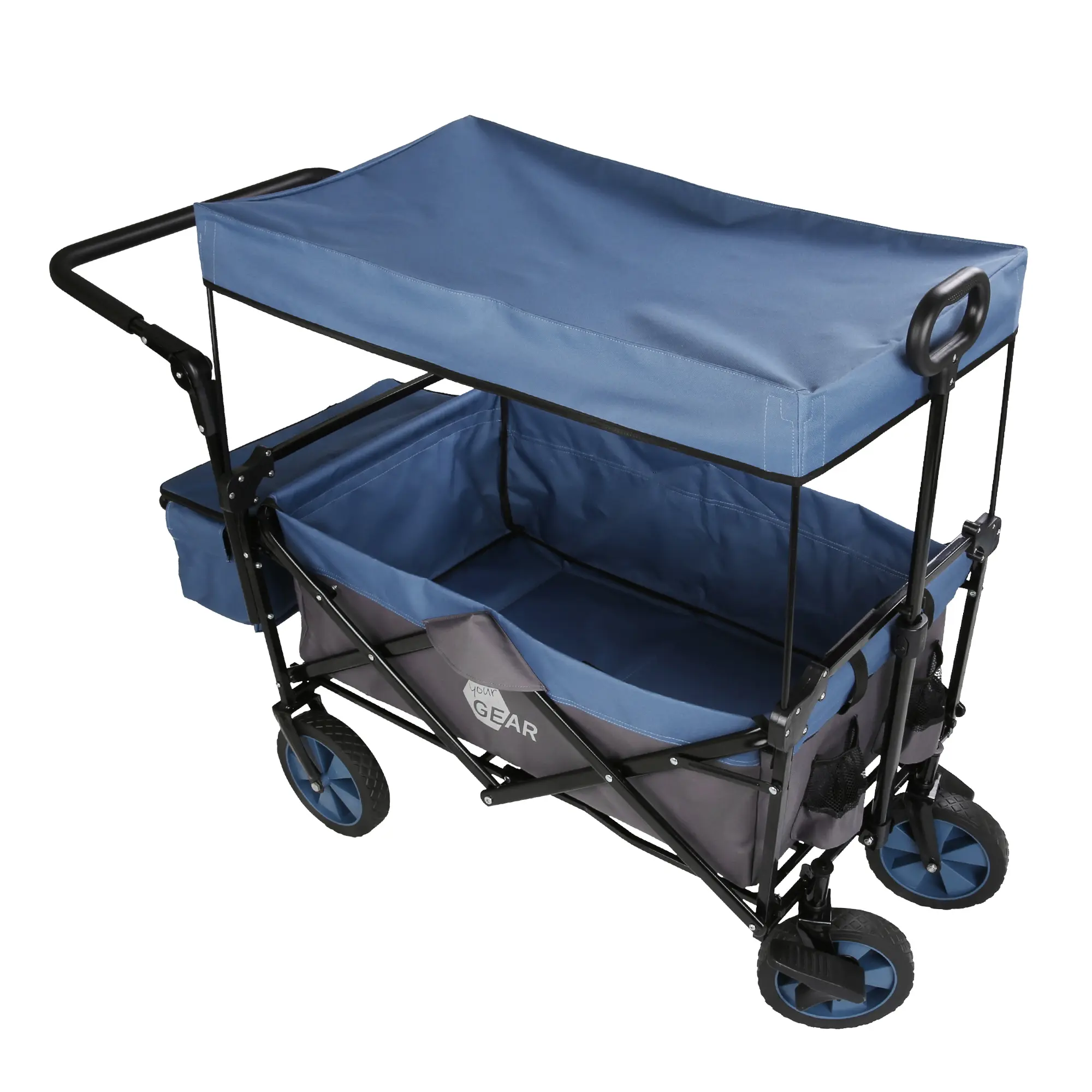 Carro plegable your GEAR Cirrus XL azul con techo, estructura negra, ruedas de goma, frenos, asa para tirar y empujar, bolsa térmica lateral y gran capacidad de carga, ideal para camping y actividades al aire libre.