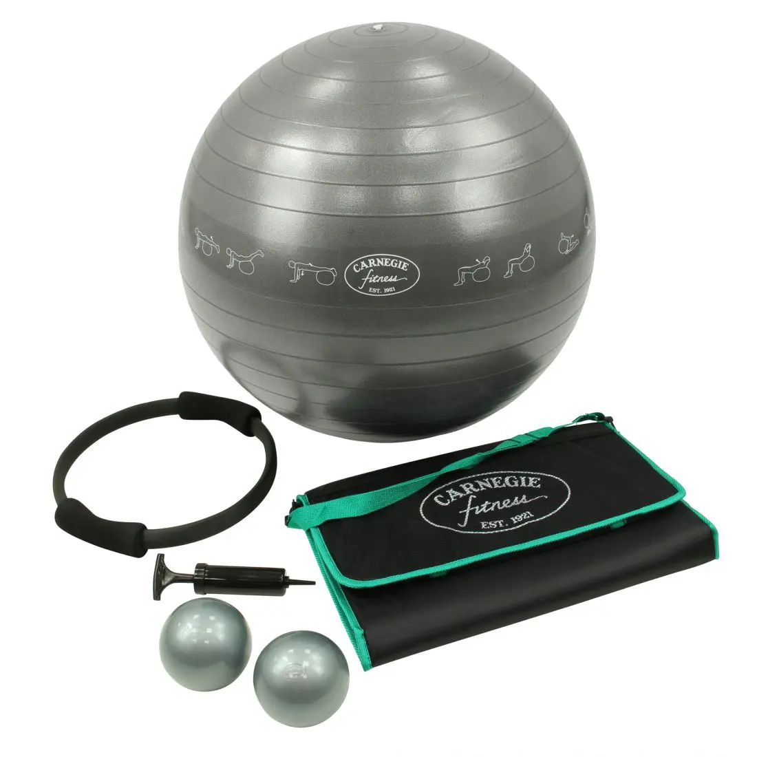 Set Carnegie Fitness mit grauem Gymnastikball, Pilatesring, zwei silbernen Gewichtsbällen, schwarzer Pumpe und gepolsterter Übungsmatte; ideal für Yoga, Pilates und Fitness-Workouts zu Hause.