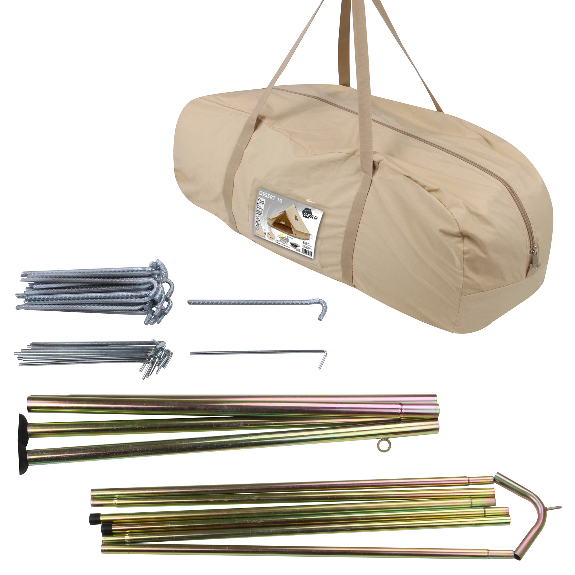 Bolsa de transporte beige yourGEAR Desert 10 Pro con varillas metálicas, piquetas y accesorios para montar un tipi familiar de algodón; componentes organizados y visibles para camping.