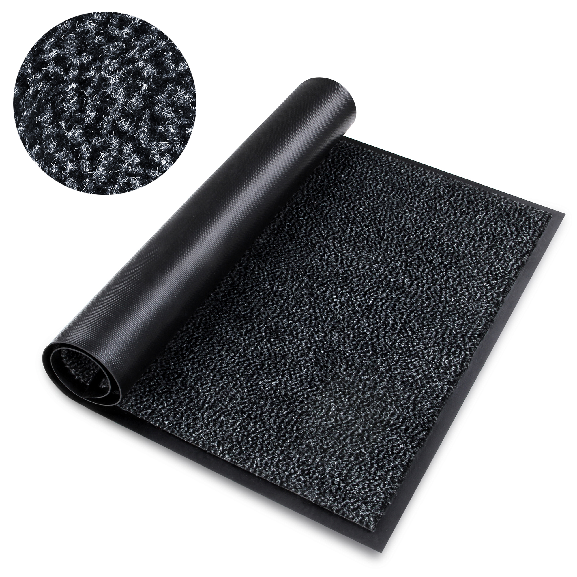 yourGEAR dirt-trapping mat 180x60cm, black, dense 4.3mm velour pile, anti-slip rubber backing, beveled edge, suitable for indoor and outdoor use, washable and UV-resistant. Close-up shows textured surface.