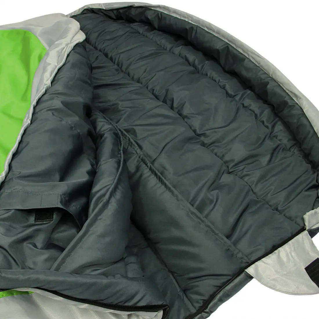 Close-up of an open sleeping bag with a green and grey exterior and a dark padded interior.