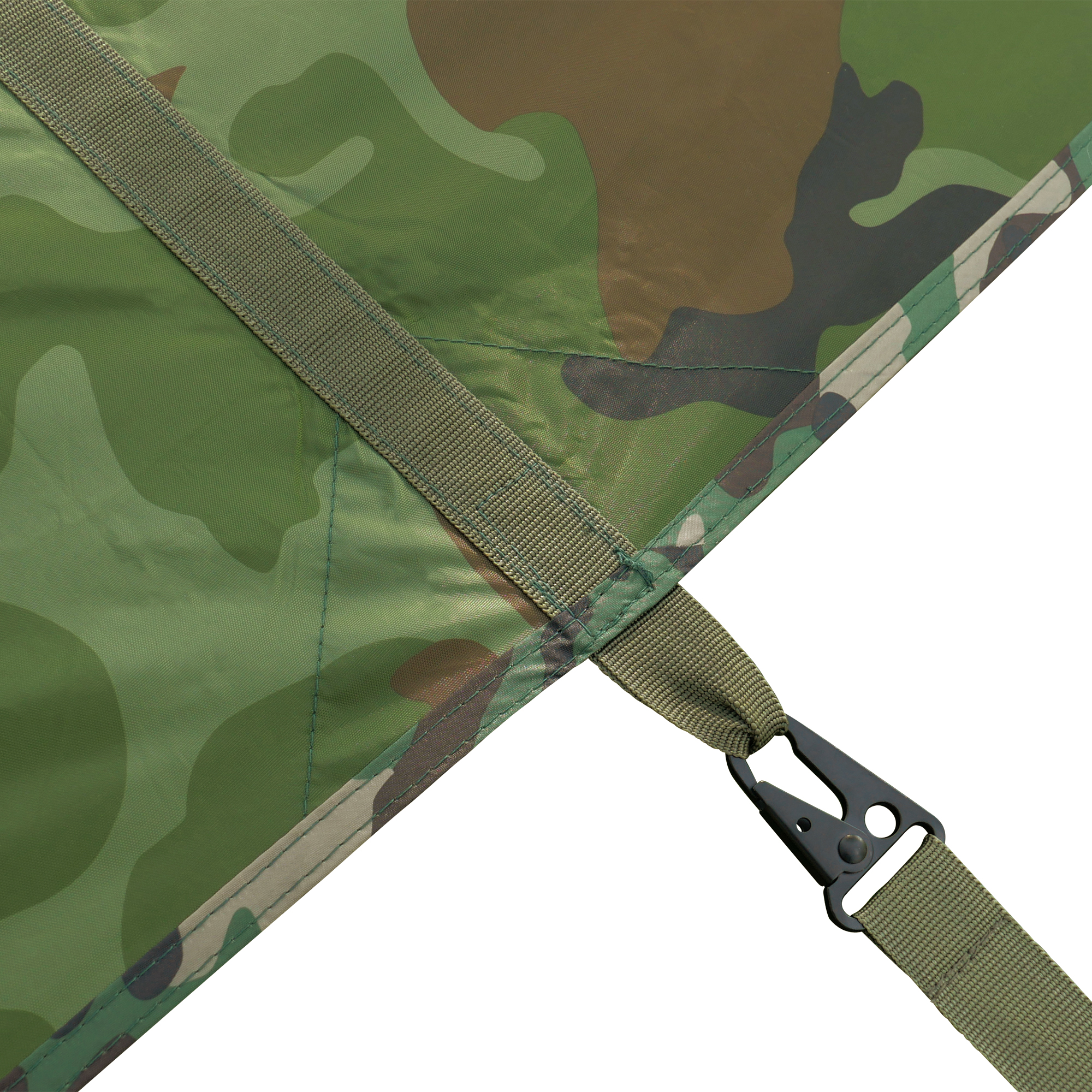 Camouflage yourGEAR Bushcraft Tarp 3x3 with reinforced seams, sturdy webbing, and a metal carabiner; waterproof, UV 50+ sun protection, ideal for camping, survival, or outdoor shelter.
