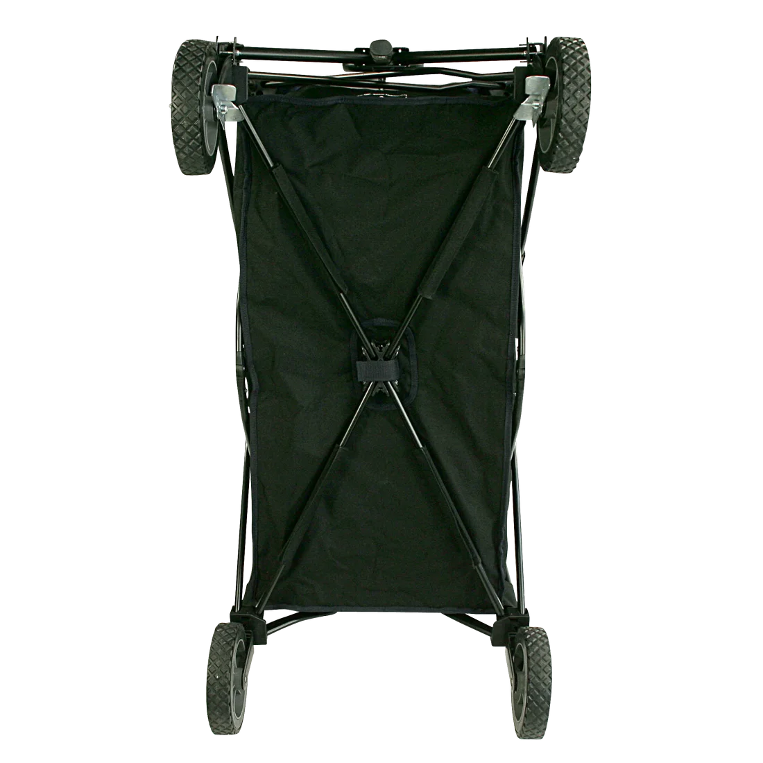 Carro plegable 10T Foldy Trolley XL en color negro, visto desde arriba, con estructura metálica, ruedas grandes de goma y tela resistente, ideal para playa, parque o excursiones familiares, fácil de transportar.