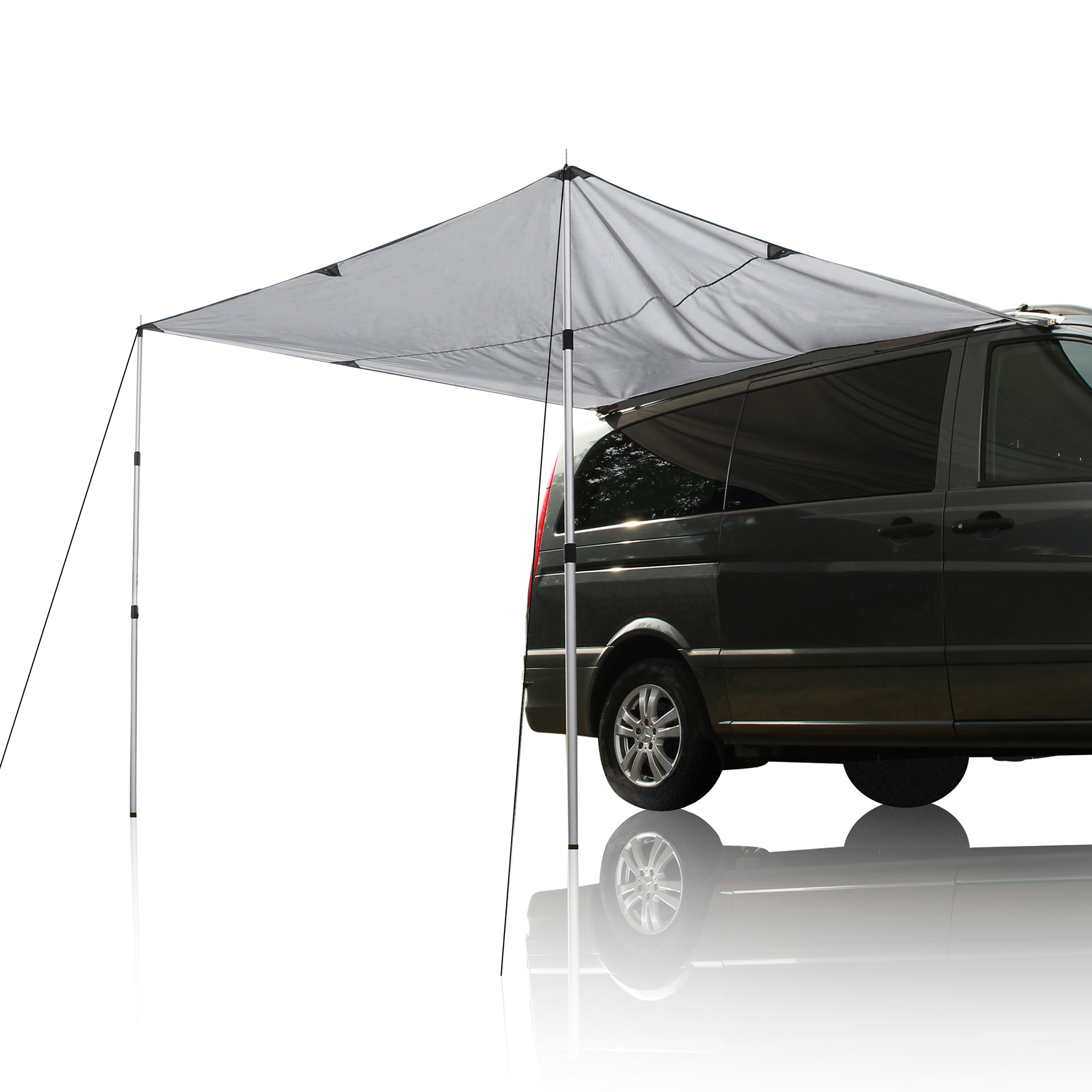 Toldo yourGEAR Motorhome Tarp gris 260x240 cm con dos postes telescópicos de aluminio, instalado en un lateral de una furgoneta, ideal para camping, protección solar UV 50+ y contra la lluvia.