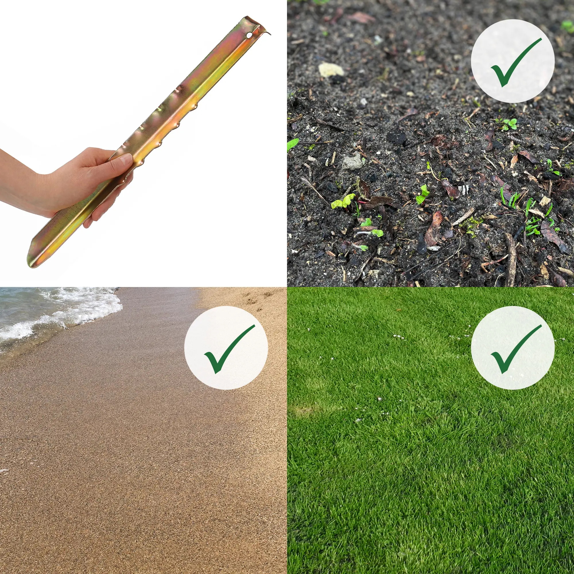 Estaca de acero your GEAR VX 400 con perfil en V y ganchos, tamaño 400 x 35 x 15 mm, ideal para fijar tiendas en césped, arena y tierra. Imagen muestra mano sujetando la estaca y ejemplos de terrenos adecuados.