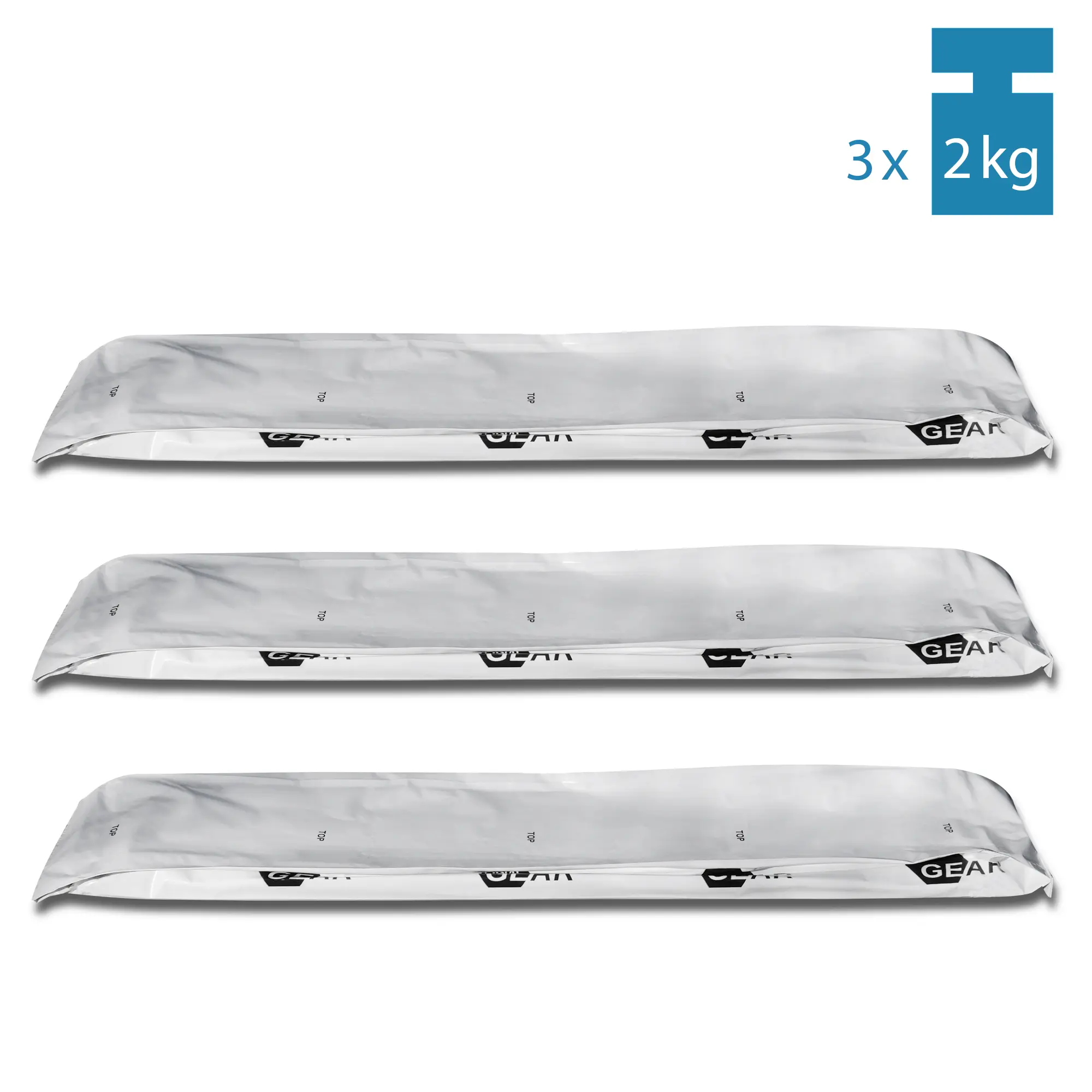 3 längliche yourGEAR Pflanzbeutel mit jeweils 2 kg gepresster Kokoserde, nebeneinander angeordnet, Verpackung in Weiß mit schwarzem Logo, oben rechts Hinweis auf 3x 2kg Inhalt.