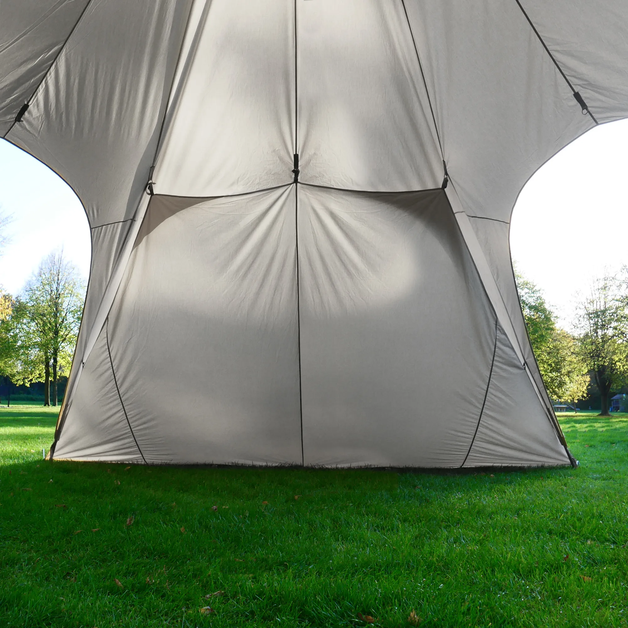 Gray your GEAR Sonora PES removable sidewall for Sonora star gazebo, full-height weatherproof fabric panel with central seam and corner attachment straps shown installed on green lawn