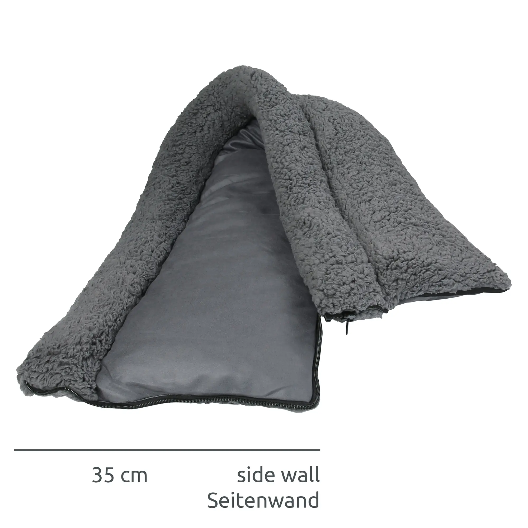 Paroi latérale du siège auto pour chien your GEAR Frontera, en tissu gris doux, longueur 35 cm, avec fermeture éclair visible, adaptée pour le confort et la sécurité des chiens en voiture.