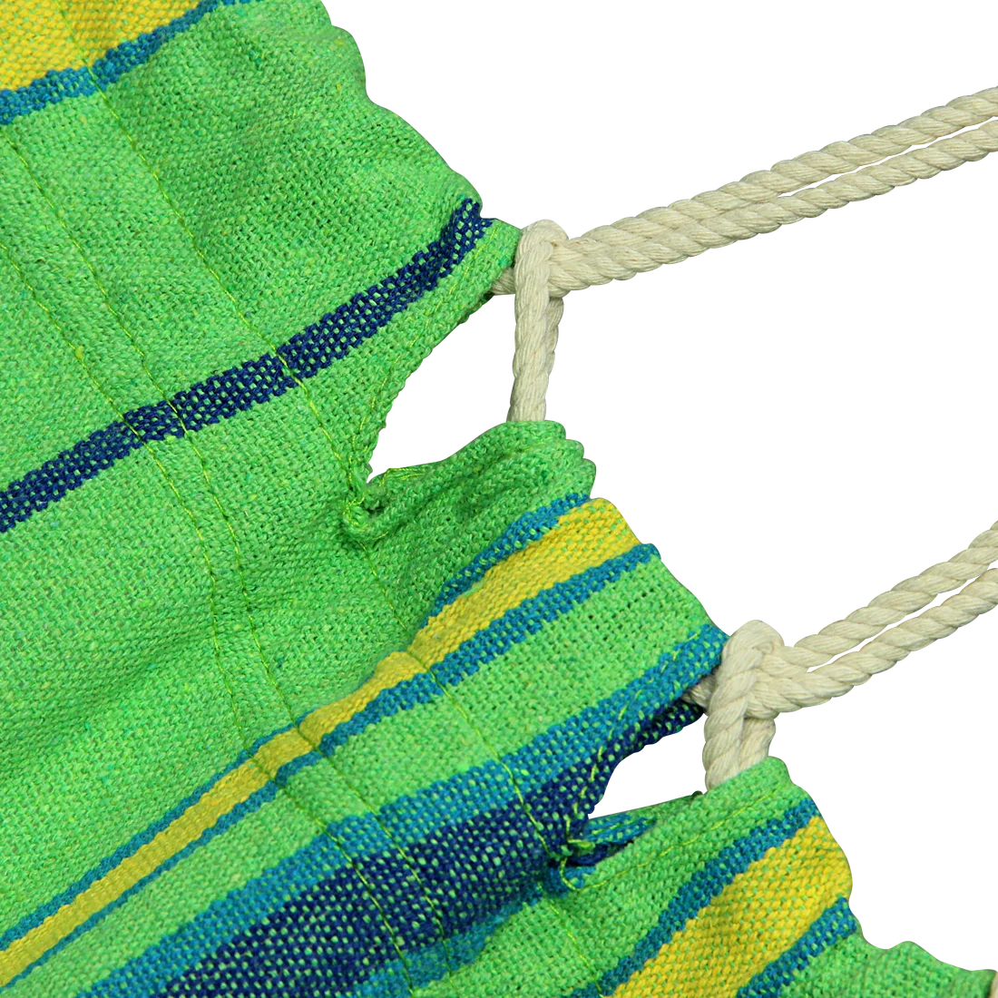 Hamac 10T Devellin XL en coton vert à rayures bleues et jaunes, gros plan sur la toile épaisse et la corde de fixation robuste, idéale pour une personne, usage jardin ou camping.