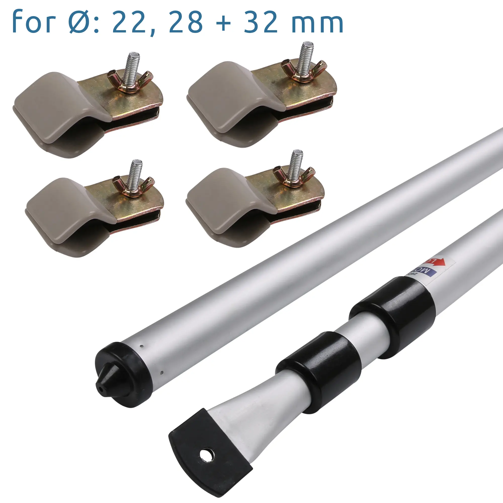 your GEAR Upright Pole Set with two adjustable aluminum storm poles (108-260 cm) and four clamp brackets, suitable for awning frames with diameters 22, 28, and 32 mm, for caravan or bus tents.