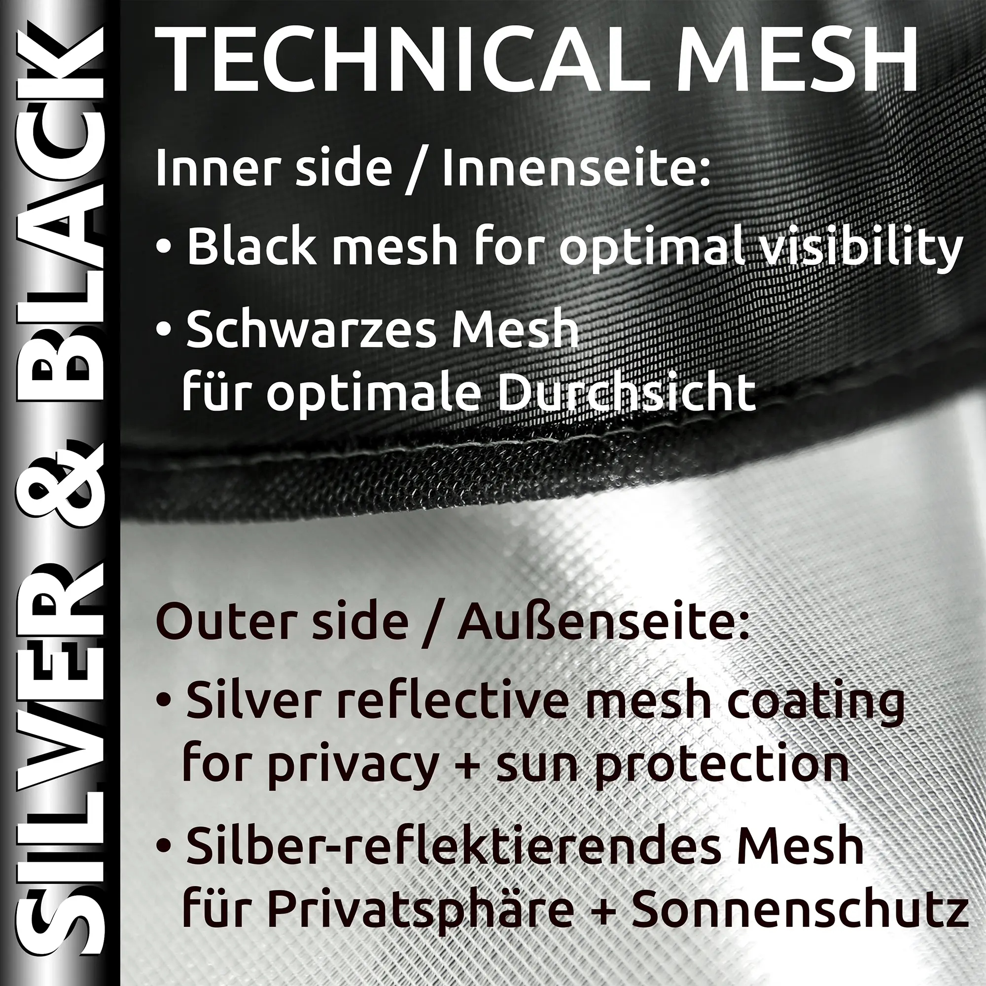 Cerca de la your GEAR Brindisi Plus: malla técnica con interior negro para visibilidad óptima y exterior plateado reflectante para privacidad y protección solar, ideal para furgonetas Fiat Ducato, Jumper y Boxer.