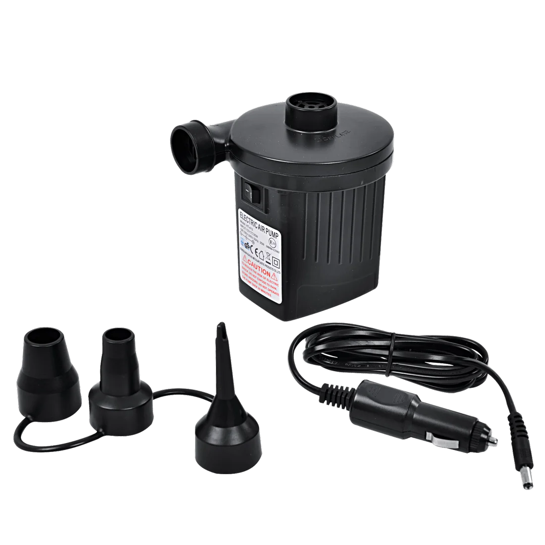 Jilong Elektro Luftpumpe 230V/12V, schwarz, mit Netzkabel, 3 Adapter-Luftdüsen und KFZ-Stecker. Kompakte elektrische Pumpe für Luftmatratzen, Pools und aufblasbare Artikel, Euro Standard.